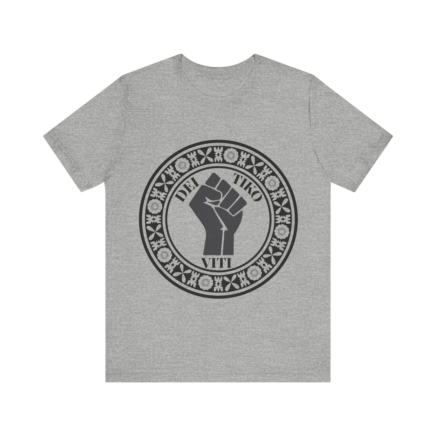 DEI TIKO VITI. Unisex Short Sleeve Tee framed with round Fijian motifs, available in multiple colours.