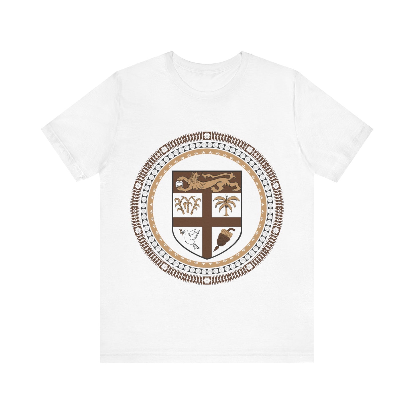 Unisex Custom Fiji T-Shirt/Fiji Coat of Arms (Brown) framed with round Fijian Motifs, available in multiple colors.
