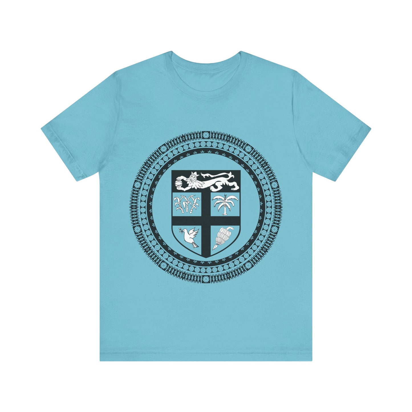 Unisex Custom Fiji T-Shirt/Fiji Coat 0f Arms (Black and White) framed with round Fijian motifs, available in multiple colors.