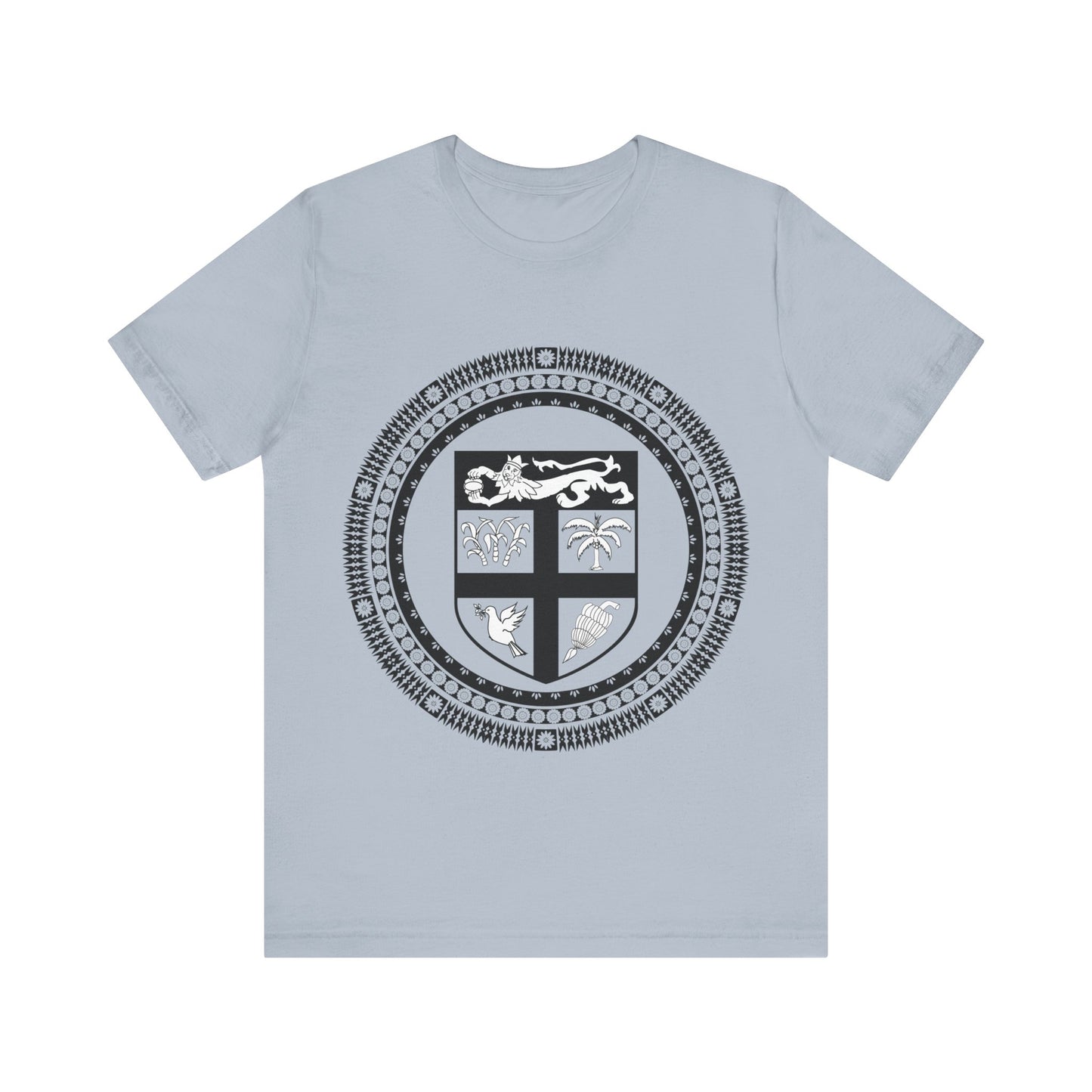 Unisex Custom Fiji T-Shirt/Fiji Coat 0f Arms (Black and White) framed with round Fijian motifs, available in multiple colors.