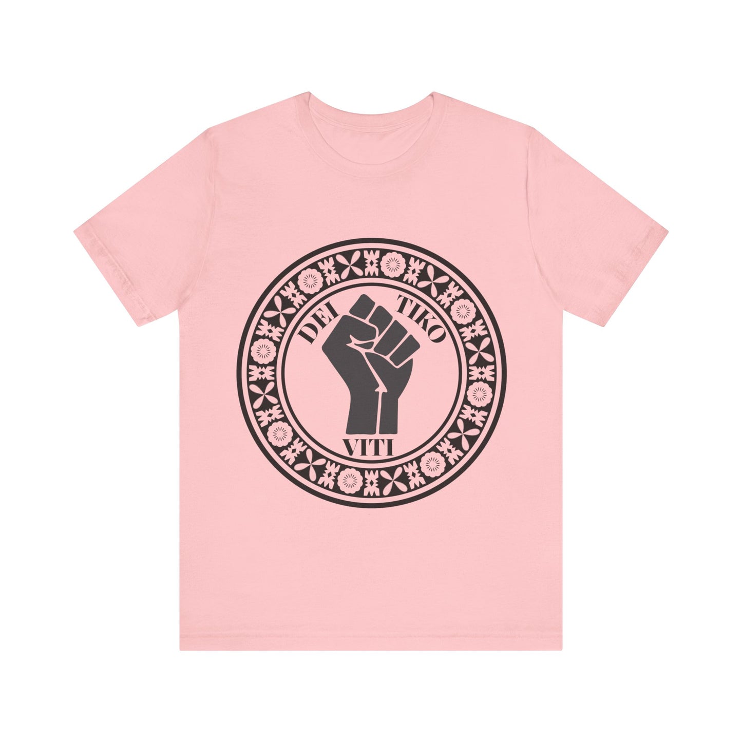 DEI TIKO VITI. Unisex Short Sleeve Tee framed with round Fijian motifs, available in multiple colours.