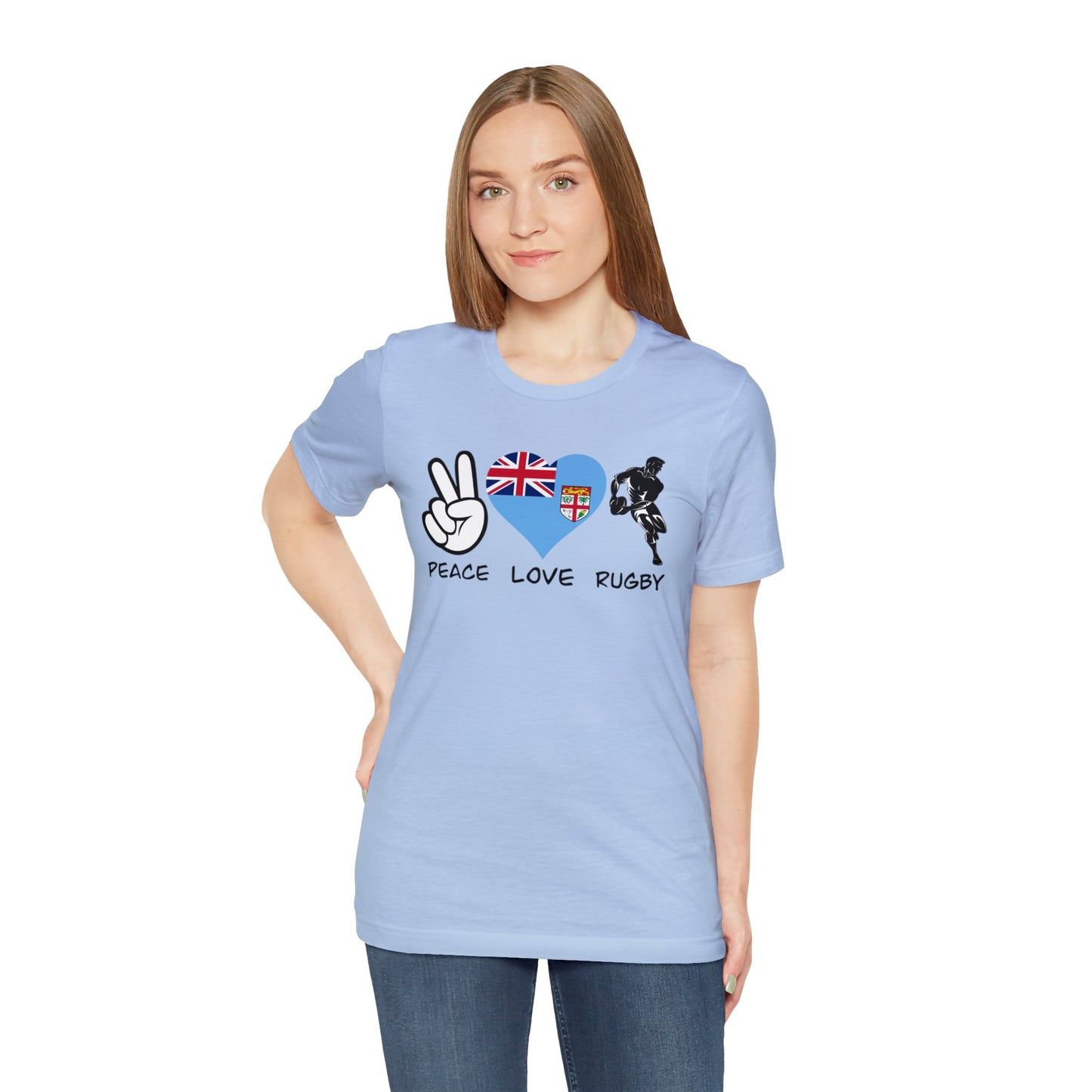 WATCH PARTY FIJI RUGBY Unisex T-Shirts in White and Baby Blue (Peace, Love, Rugby)