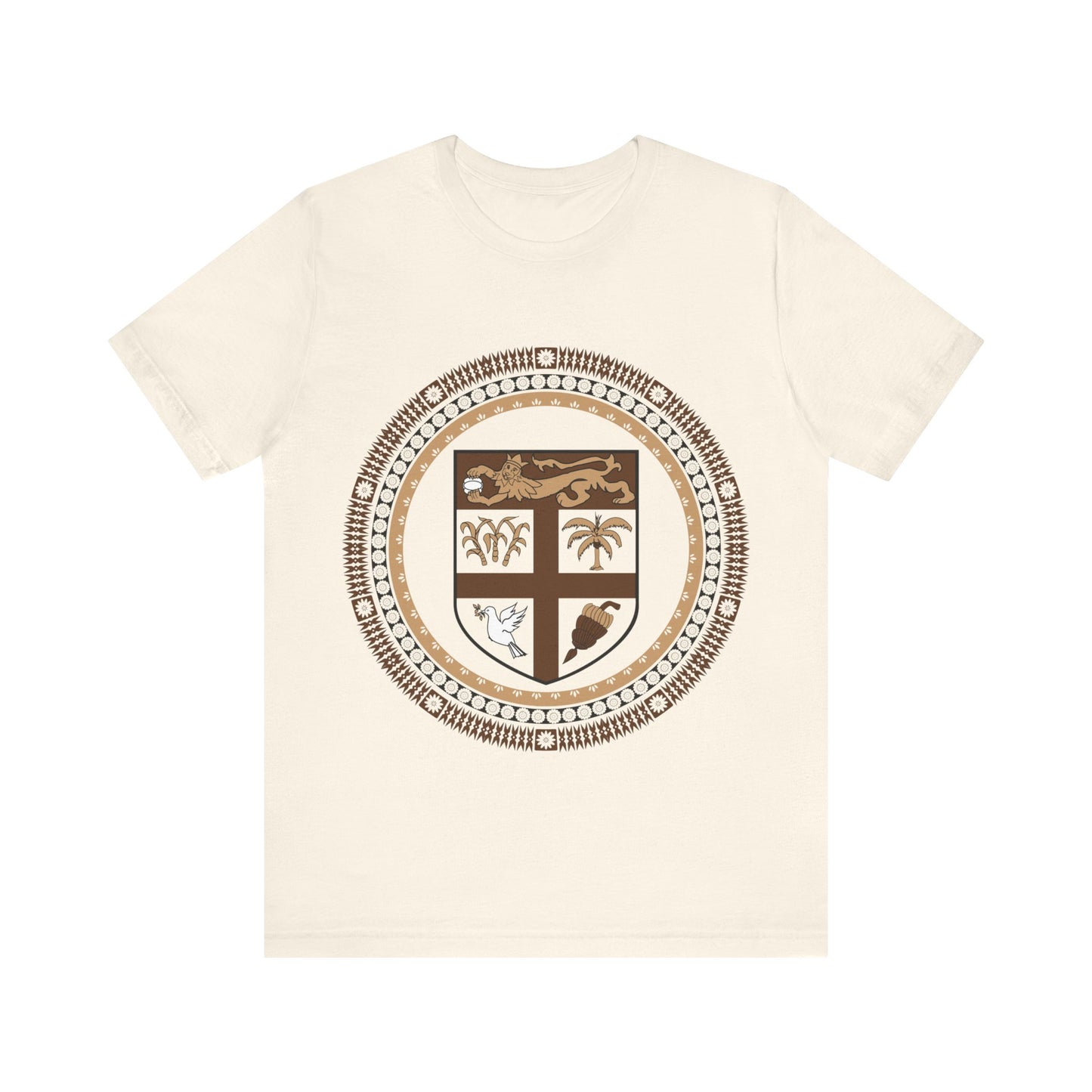 Unisex Custom Fiji T-Shirt/Fiji Coat of Arms (Brown) framed with round Fijian Motifs, available in multiple colors.