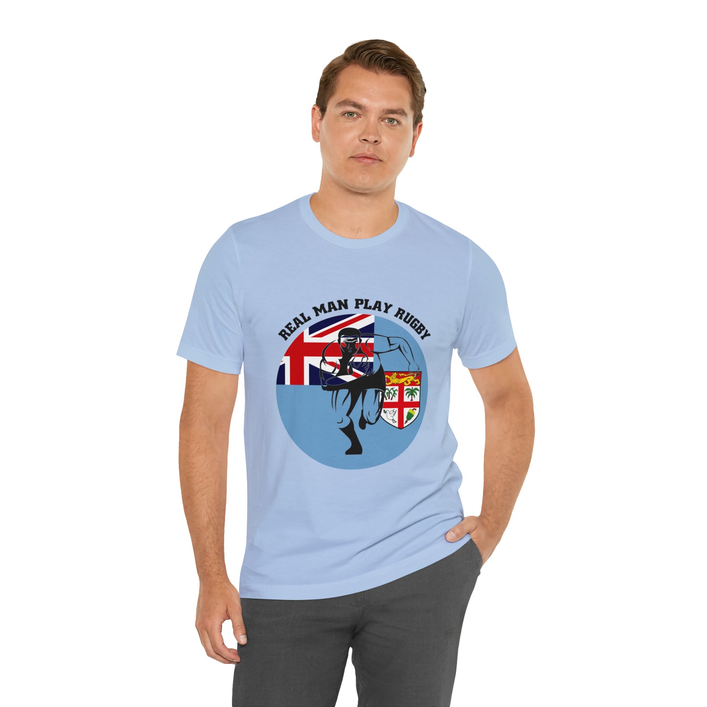 WATCH PARTY FIJI RUGBY Unisex T-Shirts in White and Baby Blue (Real Man)