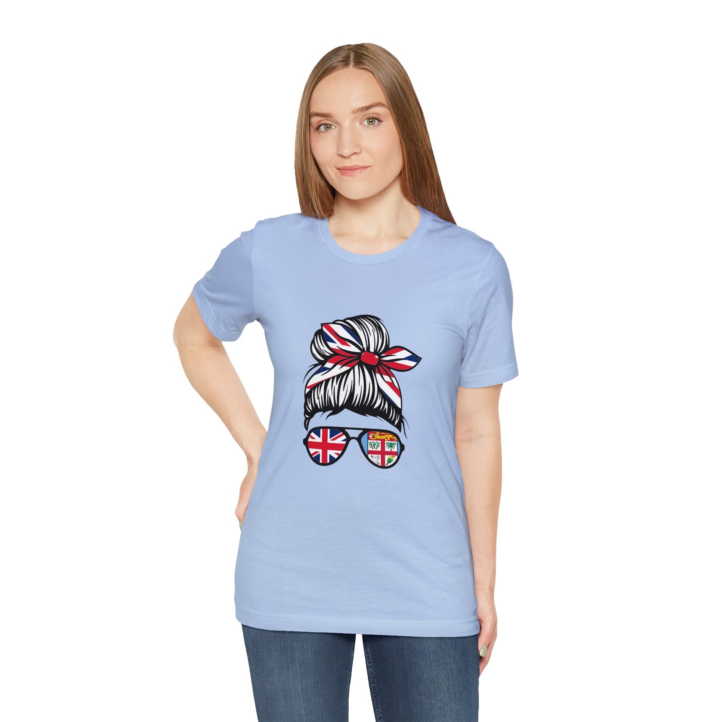 WATCH PARTY FIJI RUGBY Unisex T-Shirts in White and Baby Blue (Messy Bun)