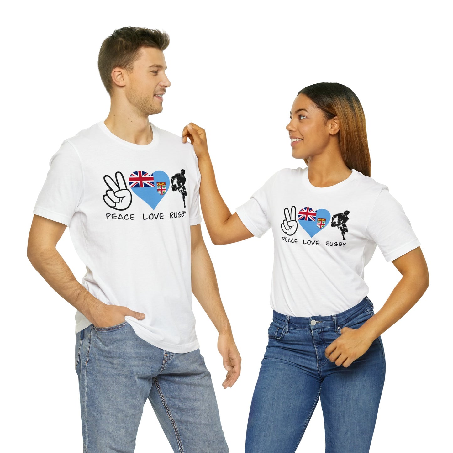 WATCH PARTY FIJI RUGBY Unisex T-Shirts in White and Baby Blue (Peace, Love, Rugby)