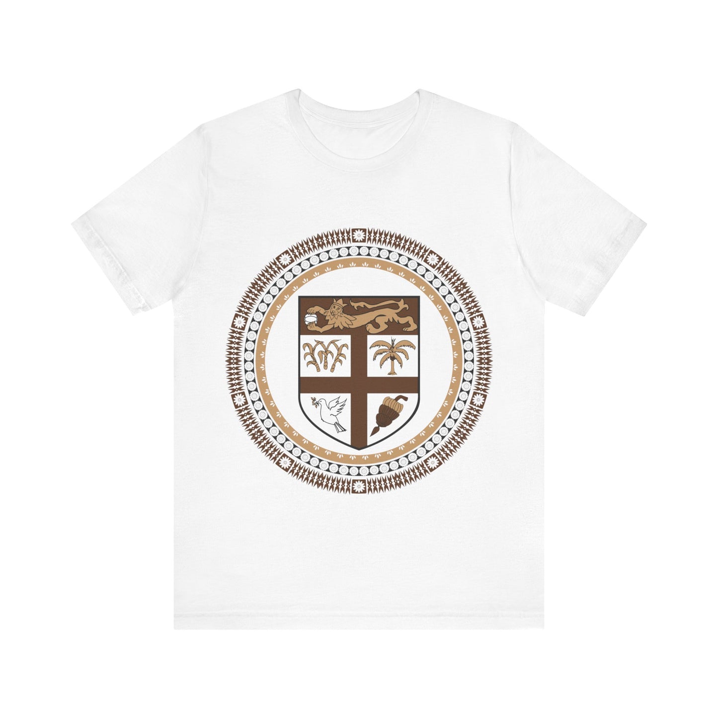 Unisex Custom Fiji T-Shirt/Fiji Coat of Arms (Brown) framed with round Fijian Motifs, available in multiple colors.