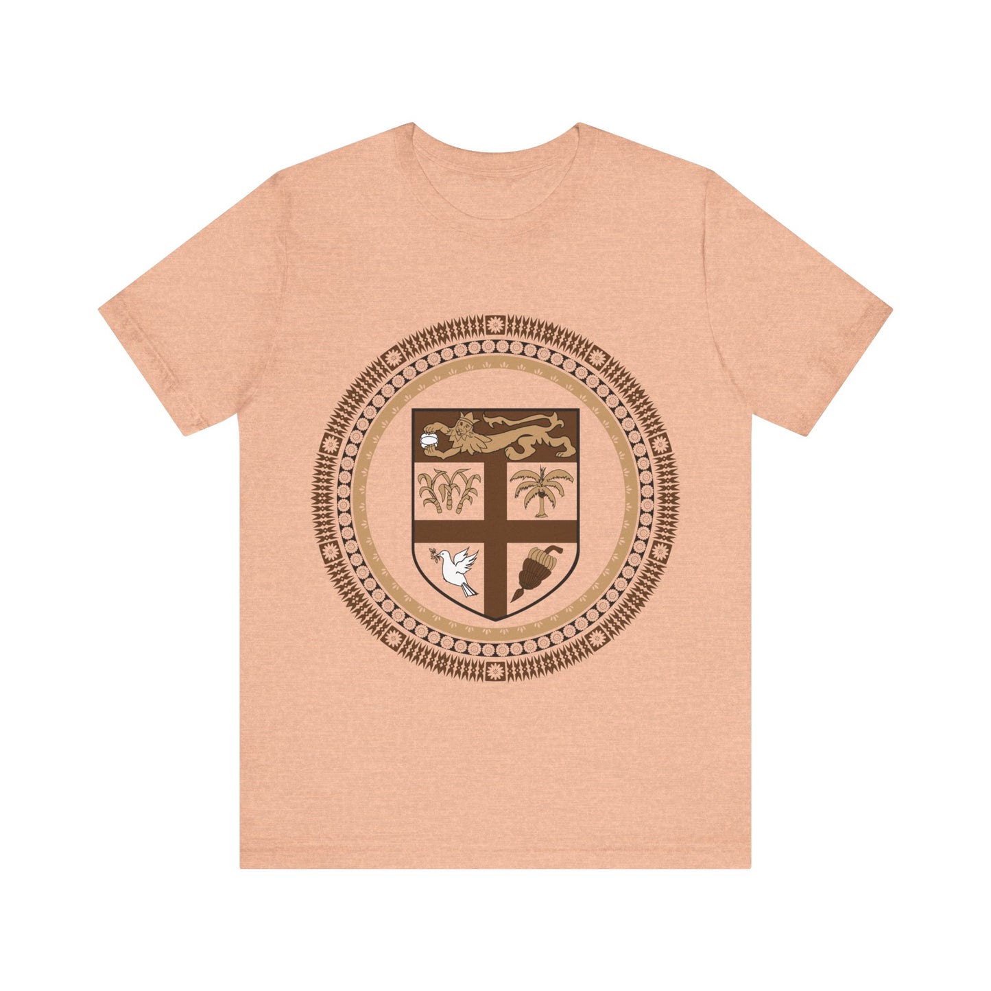 Unisex Custom Fiji T-Shirt/Fiji Coat of Arms (Brown) framed with round Fijian Motifs, available in multiple colors.