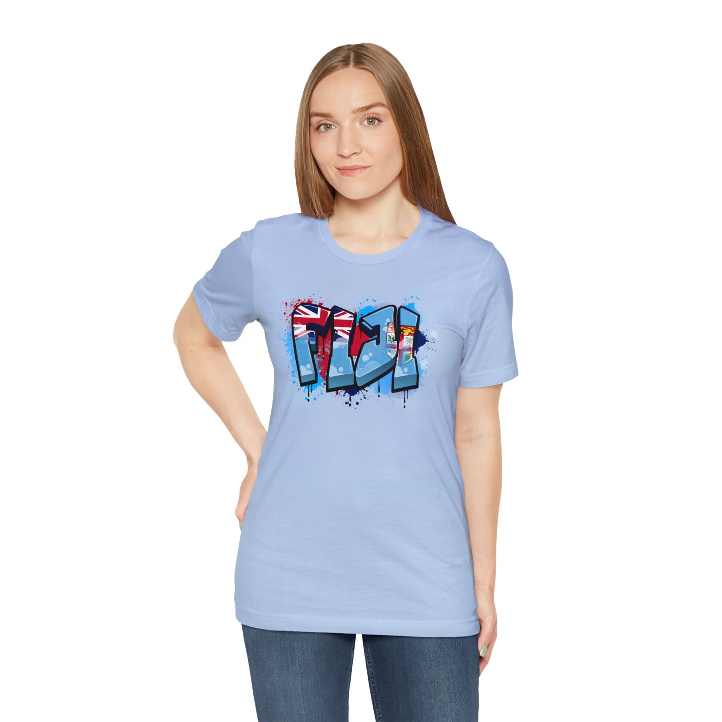 WATCH PARTY FIJI RUGBY Unisex T-Shirts in White and Baby Blue (Fiji Graffiti)