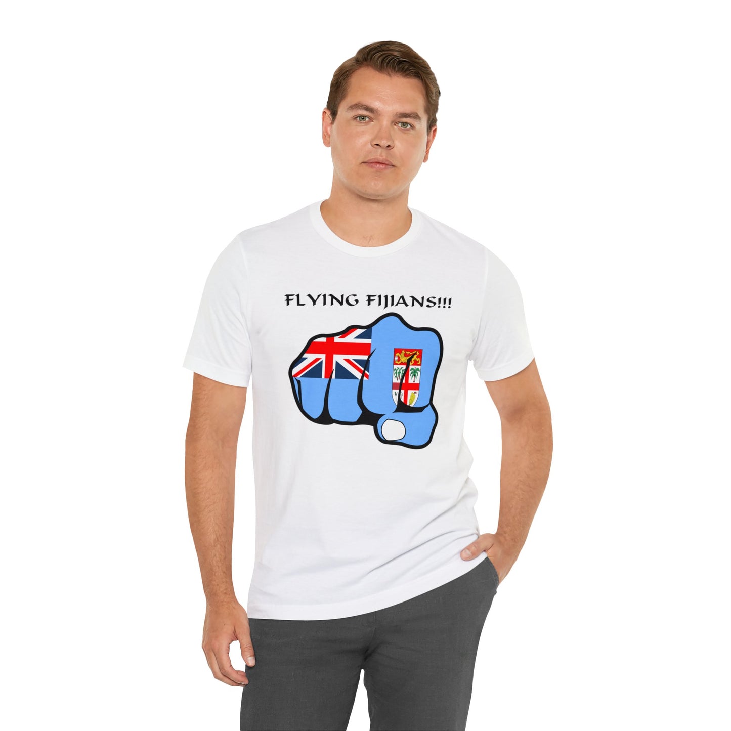 WATCH PARTY FIJI RUGBY Unisex T-Shirts in White and Baby Blue (Fist)