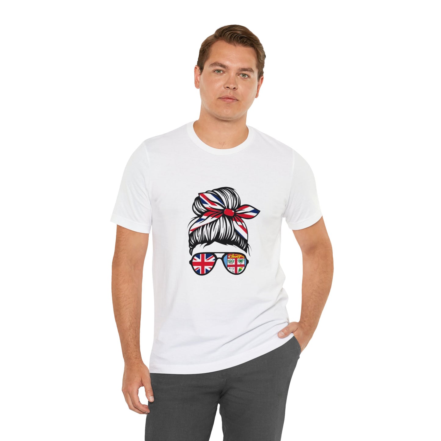 WATCH PARTY FIJI RUGBY Unisex T-Shirts in White and Baby Blue (Messy Bun)