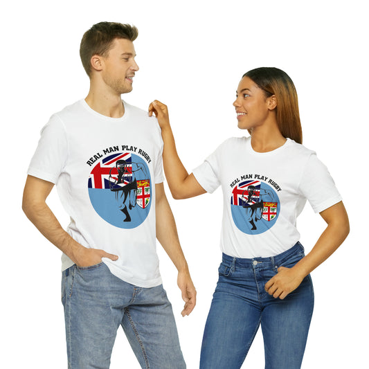 WATCH PARTY FIJI RUGBY Unisex T-Shirts in White and Baby Blue (Real Man)