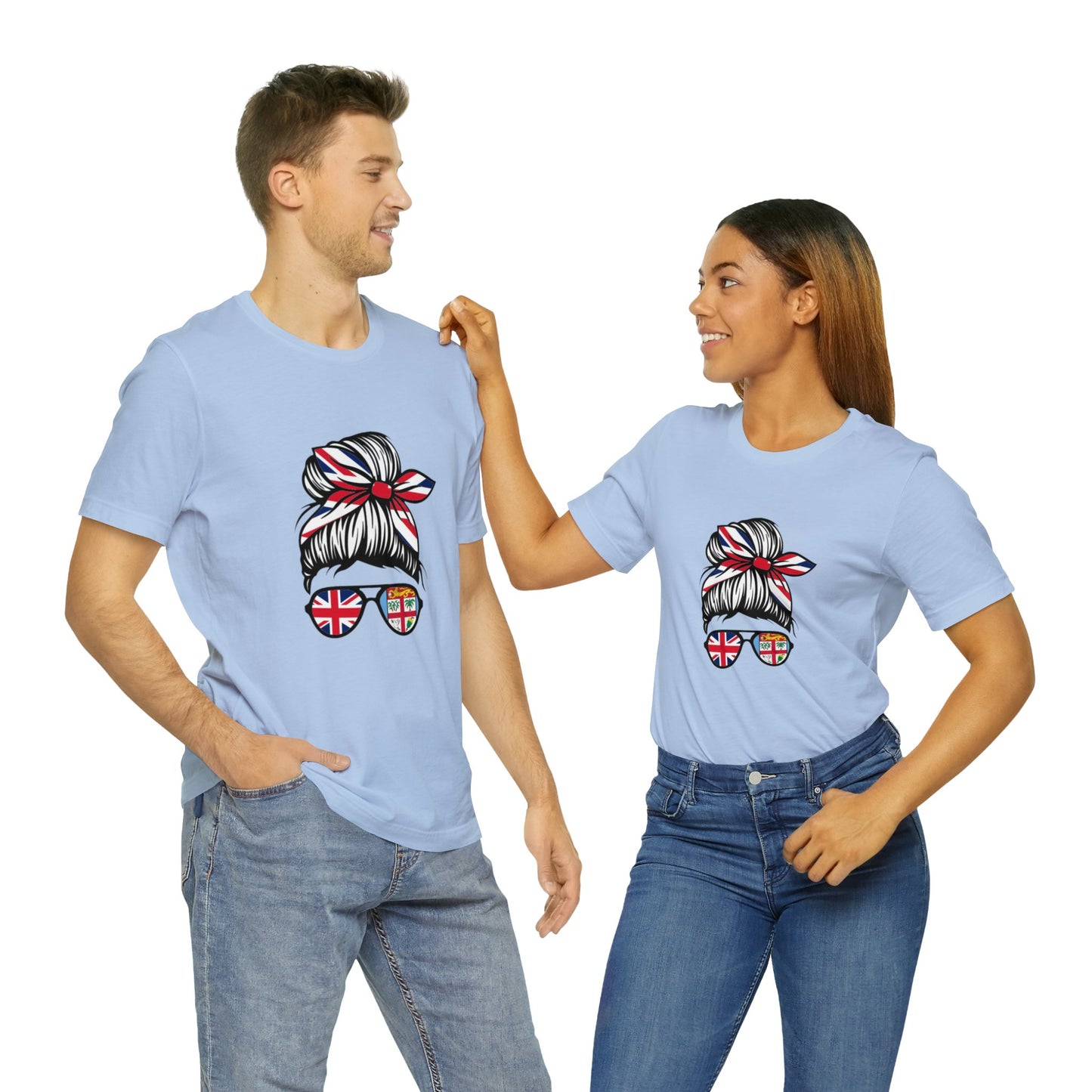 WATCH PARTY FIJI RUGBY Unisex T-Shirts in White and Baby Blue (Messy Bun)