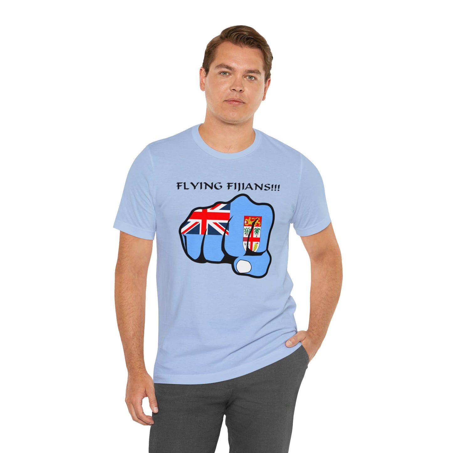 WATCH PARTY FIJI RUGBY Unisex T-Shirts in White and Baby Blue (Fist)