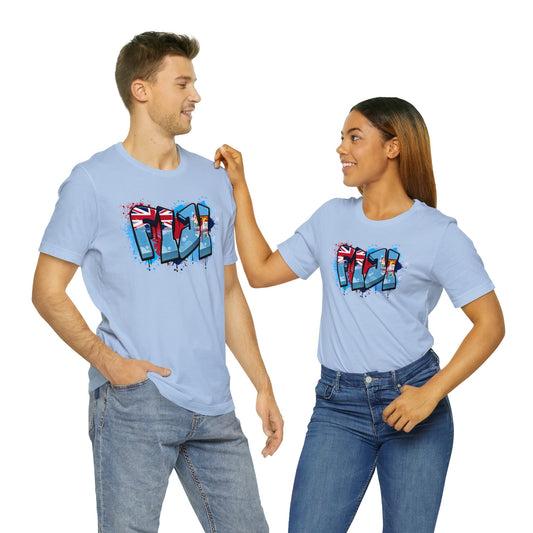 WATCH PARTY FIJI RUGBY Unisex T-Shirts in White and Baby Blue (Fiji Graffiti)