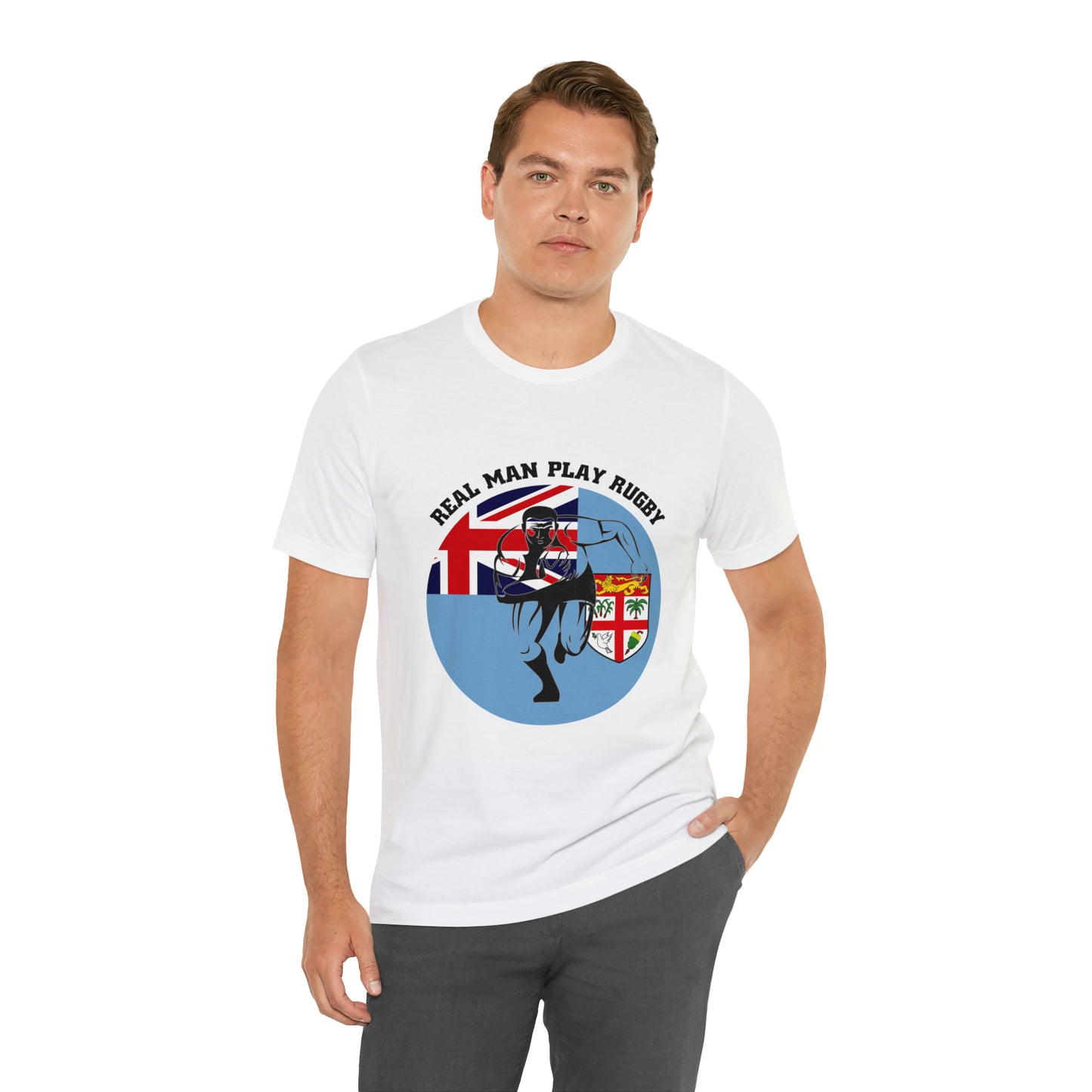 WATCH PARTY FIJI RUGBY Unisex T-Shirts in White and Baby Blue (Real Man)