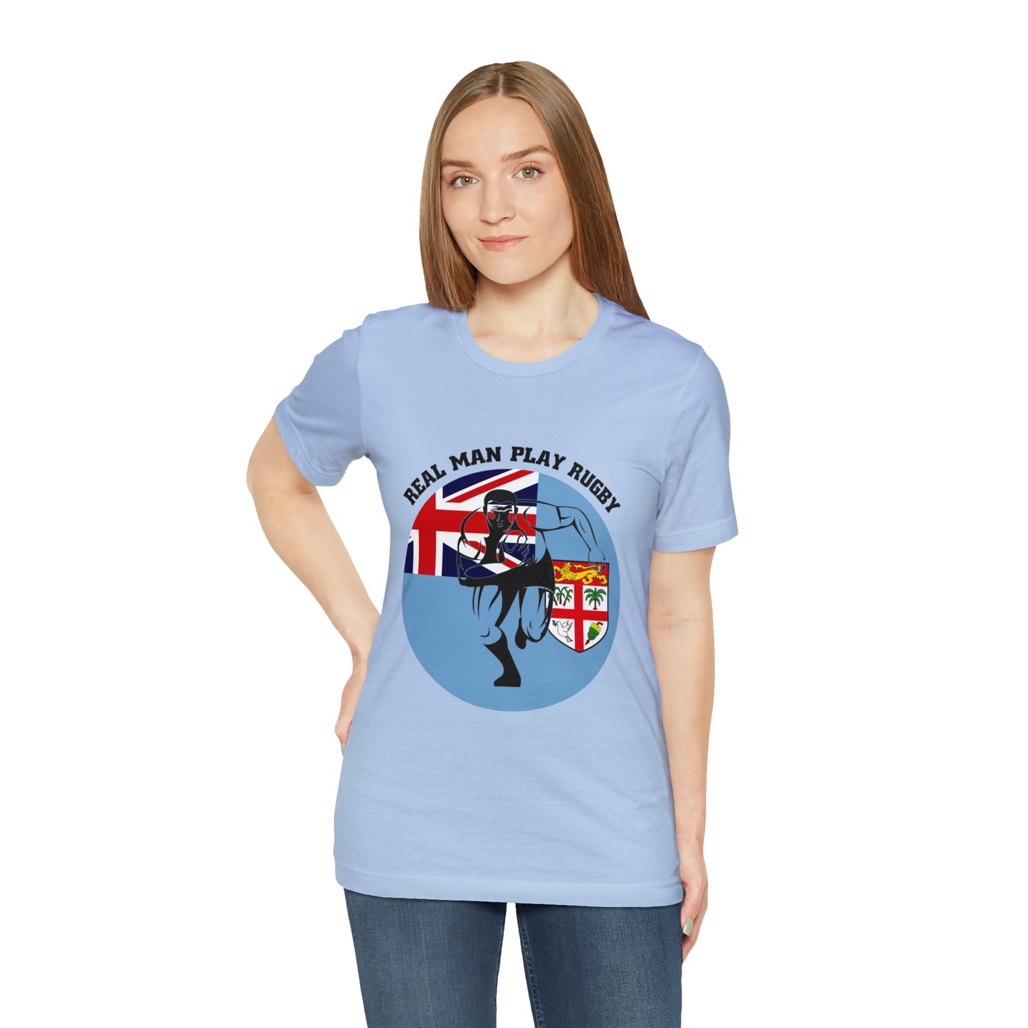 WATCH PARTY FIJI RUGBY Unisex T-Shirts in White and Baby Blue (Real Man)