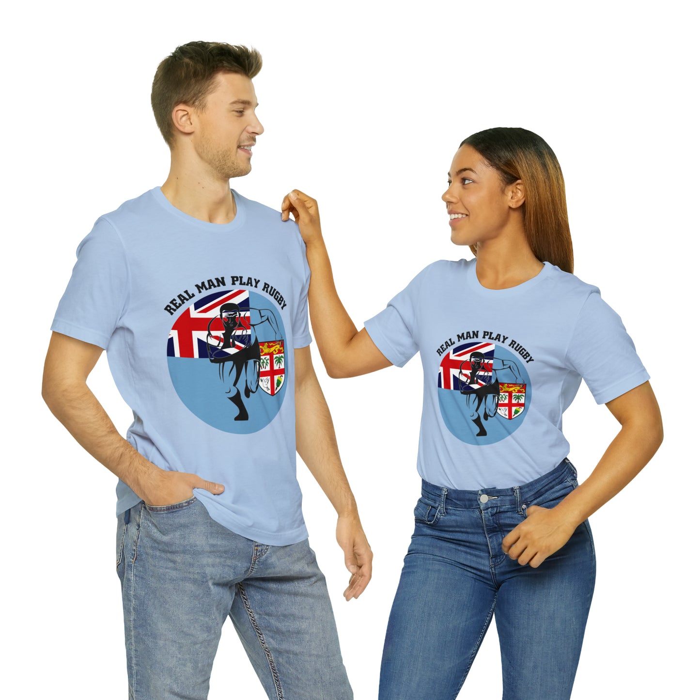 WATCH PARTY FIJI RUGBY Unisex T-Shirts in White and Baby Blue (Real Man)