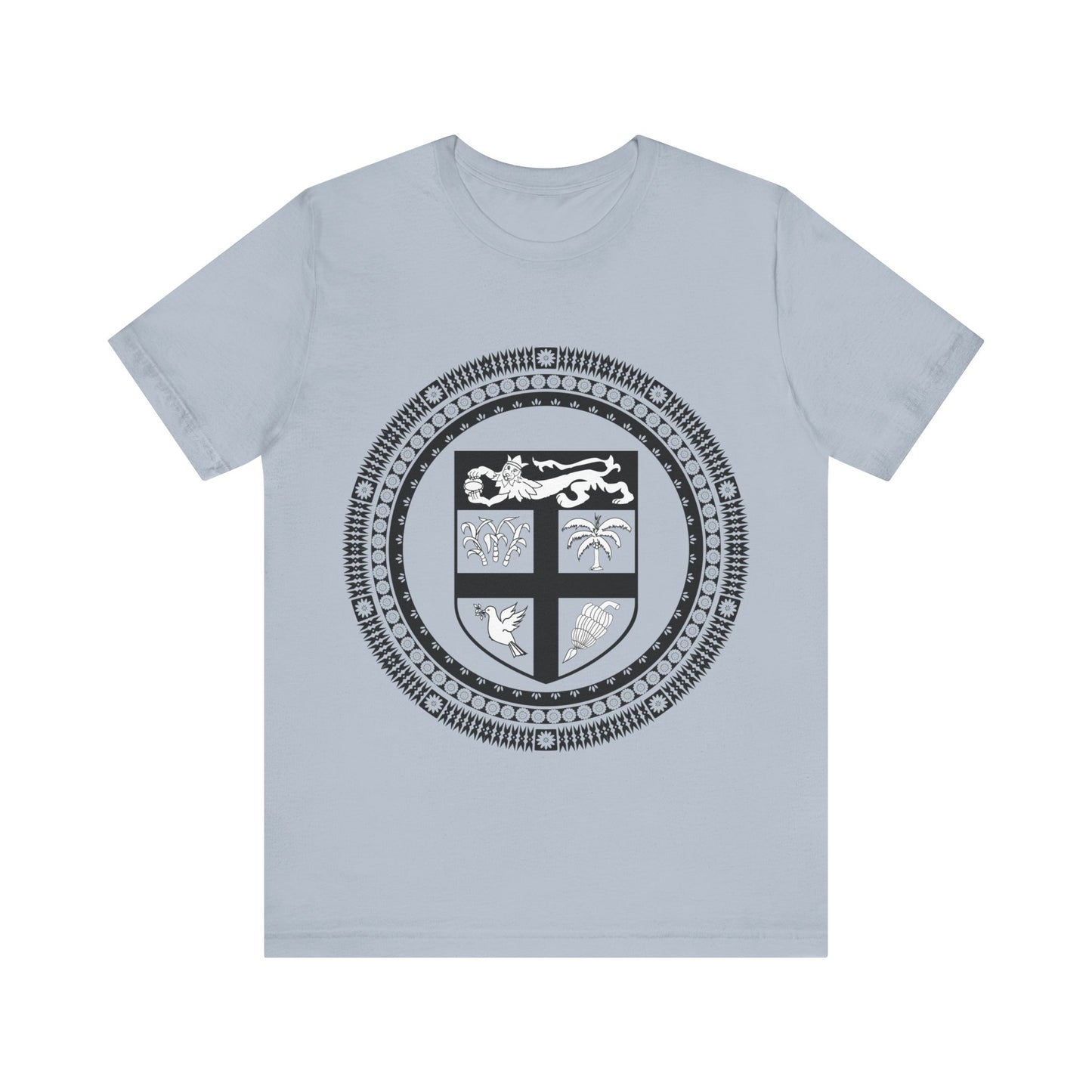 Unisex Custom Fiji T-Shirt/Fiji Coat 0f Arms (Black and White) framed with round Fijian motifs, available in multiple colors.