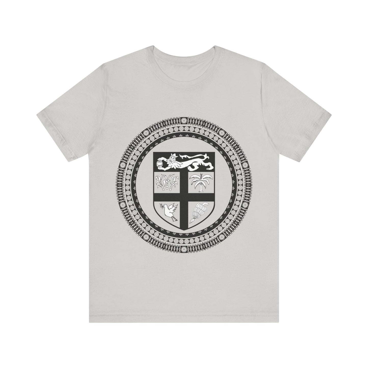 Unisex Custom Fiji T-Shirt/Fiji Coat 0f Arms (Black and White) framed with round Fijian motifs, available in multiple colors.