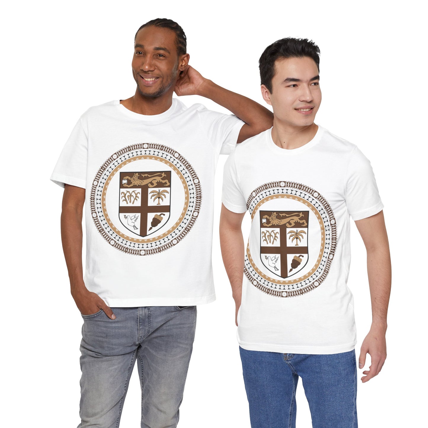 Unisex Custom Fiji T-Shirt/Fiji Coat of Arms (Brown) framed with round Fijian Motifs, available in multiple colors.