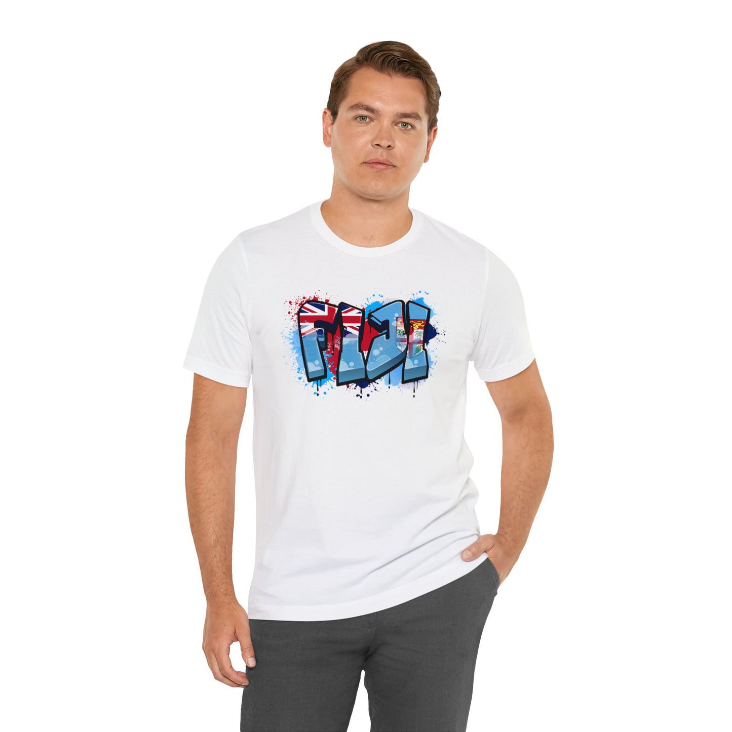 WATCH PARTY FIJI RUGBY Unisex T-Shirts in White and Baby Blue (Fiji Graffiti)