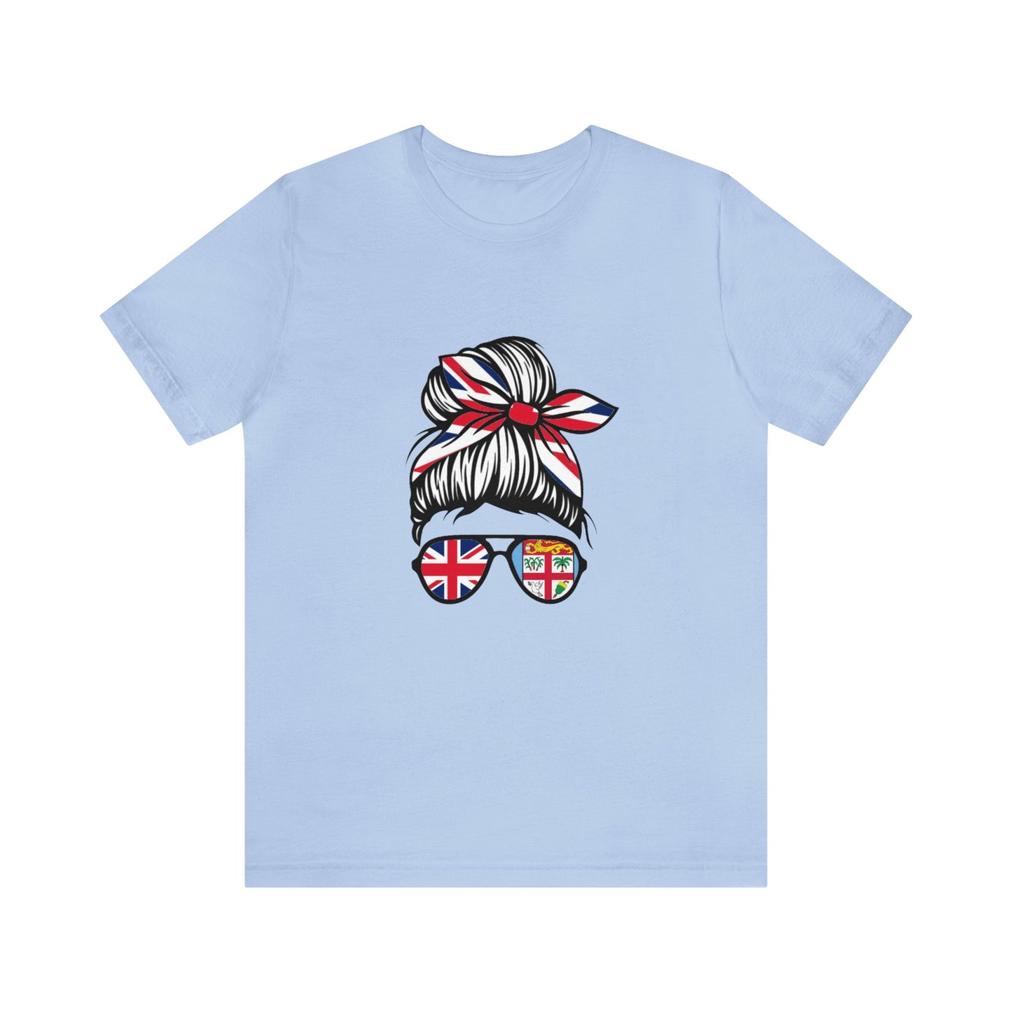 WATCH PARTY FIJI RUGBY Unisex T-Shirts in White and Baby Blue (Messy Bun)