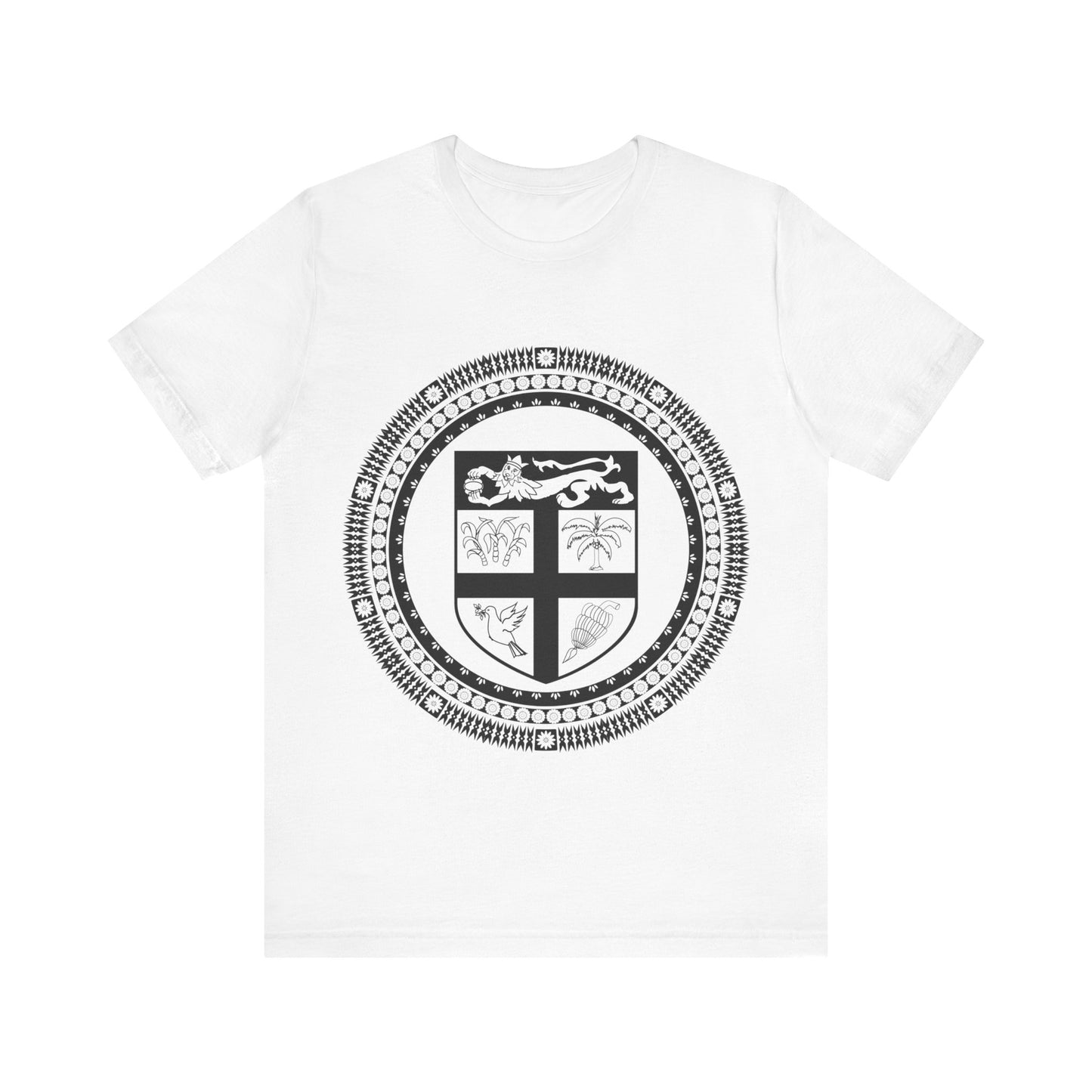 Unisex Custom Fiji T-Shirt/Fiji Coat 0f Arms (Black and White) framed with round Fijian motifs, available in multiple colors.