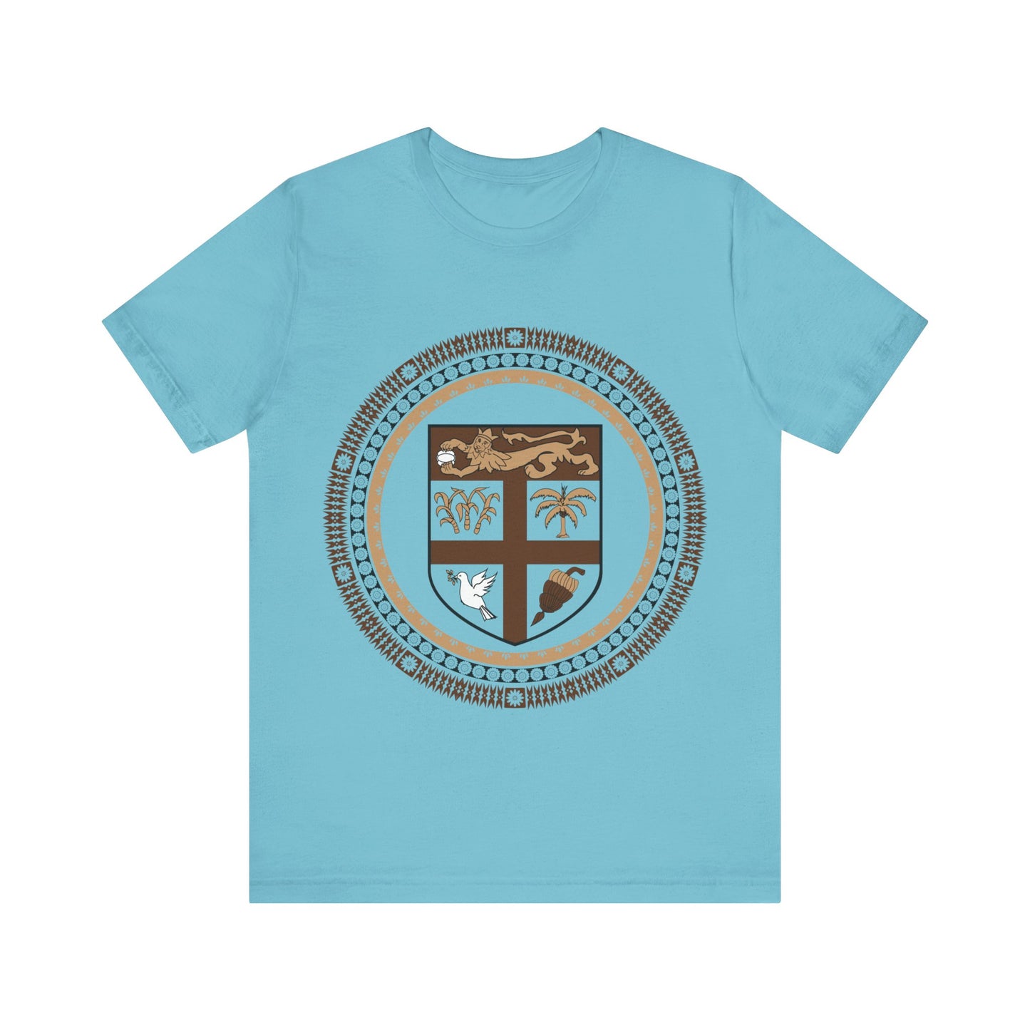 Unisex Custom Fiji T-Shirt/Fiji Coat of Arms (Brown) framed with round Fijian Motifs, available in multiple colors.