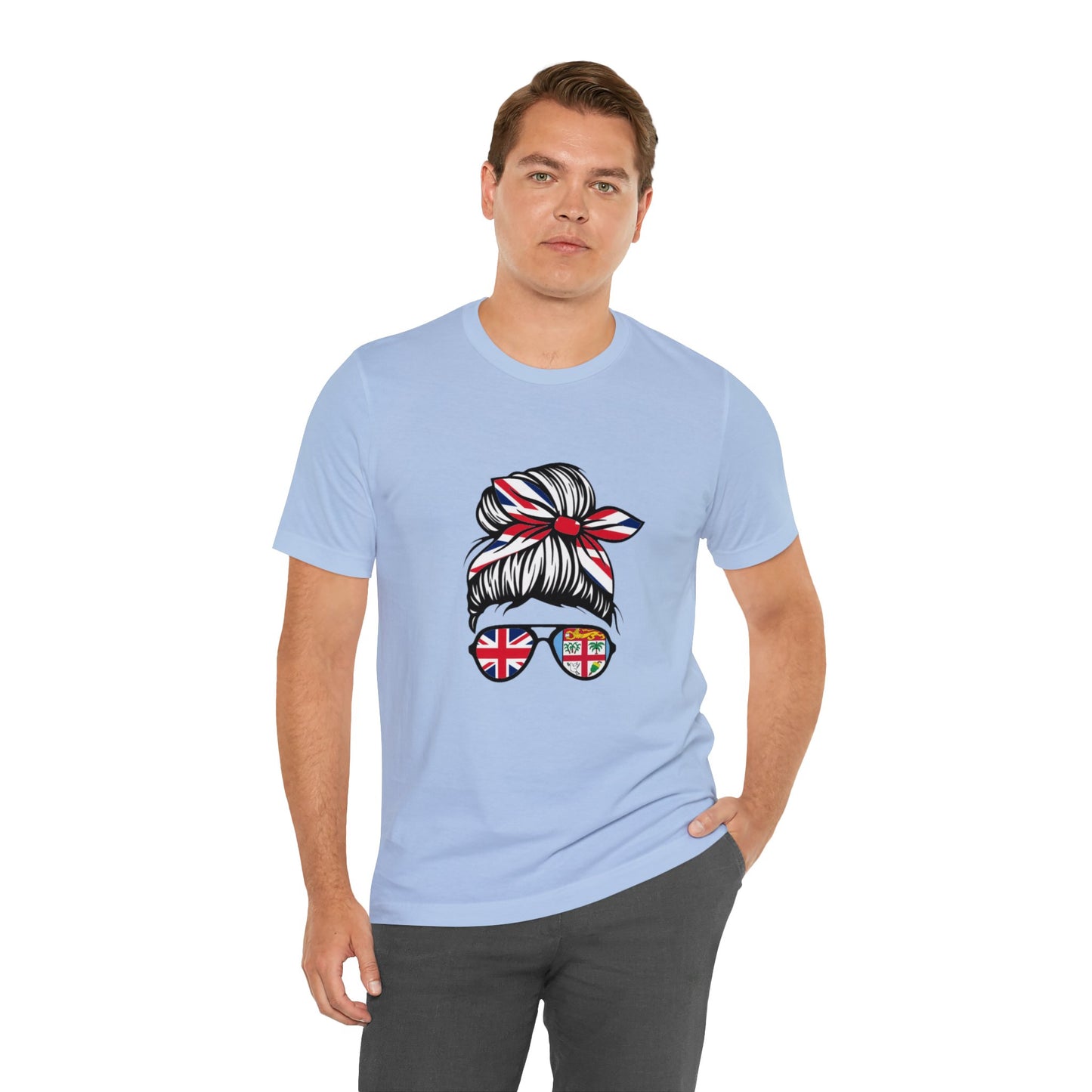 WATCH PARTY FIJI RUGBY Unisex T-Shirts in White and Baby Blue (Messy Bun)