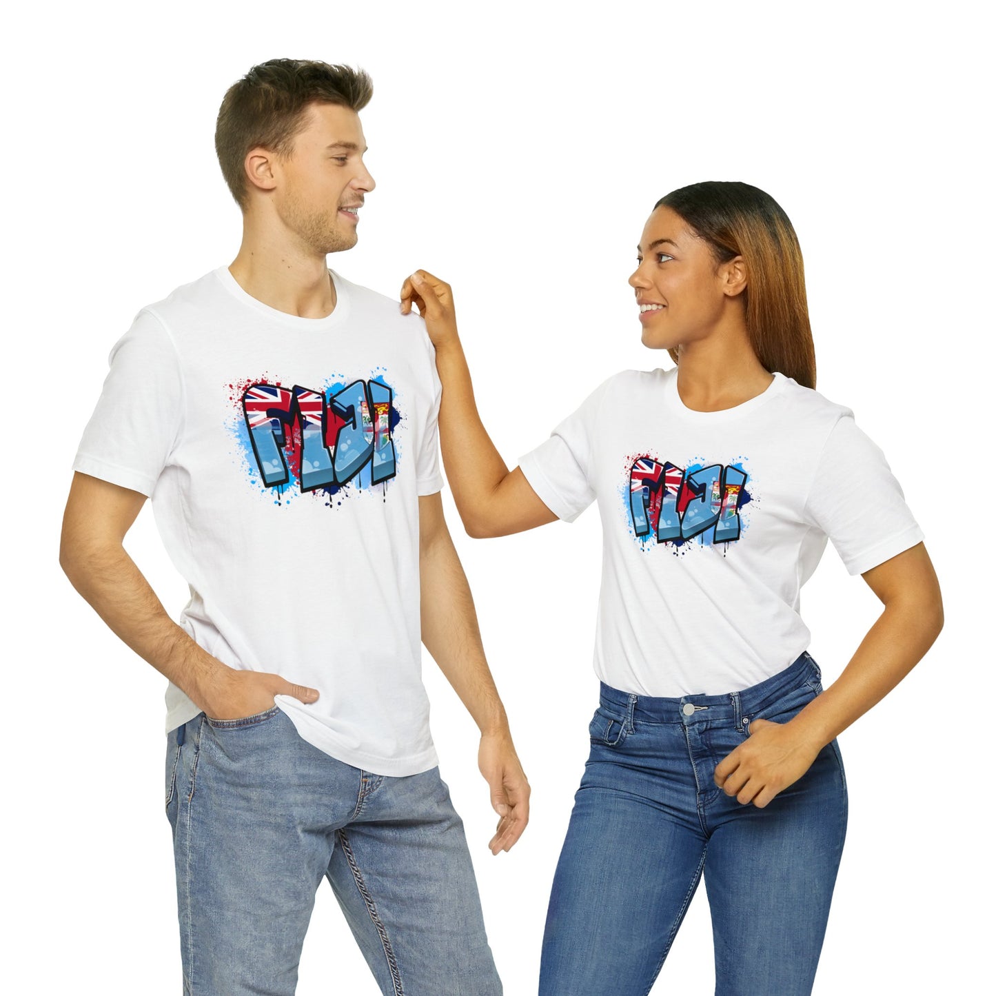 WATCH PARTY FIJI RUGBY Unisex T-Shirts in White and Baby Blue (Fiji Graffiti)