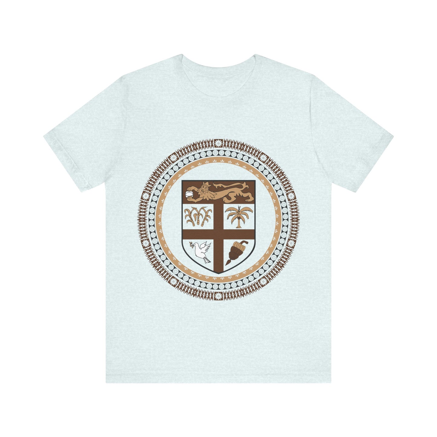 Unisex Custom Fiji T-Shirt/Fiji Coat of Arms (Brown) framed with round Fijian Motifs, available in multiple colors.