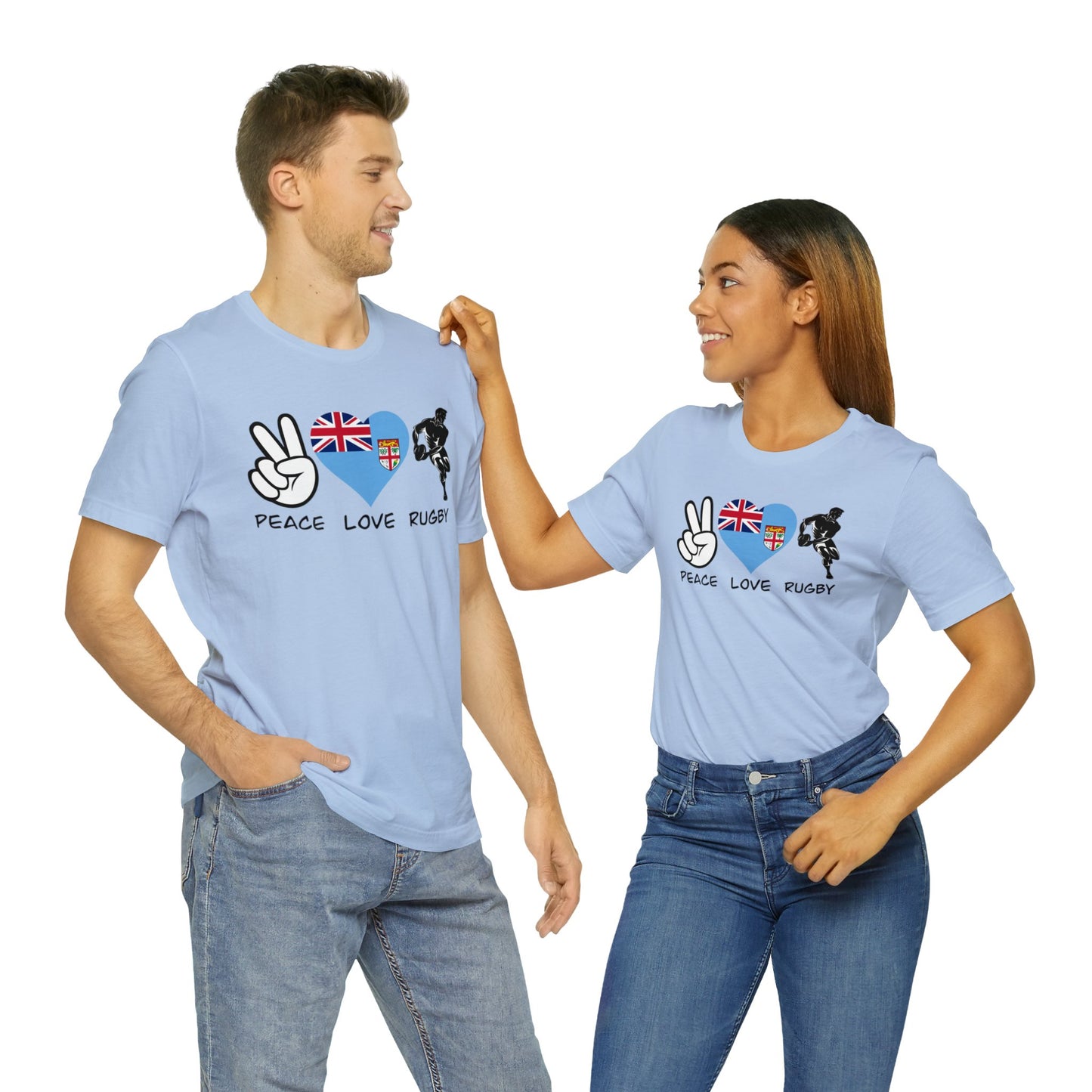 WATCH PARTY FIJI RUGBY Unisex T-Shirts in White and Baby Blue (Peace, Love, Rugby)