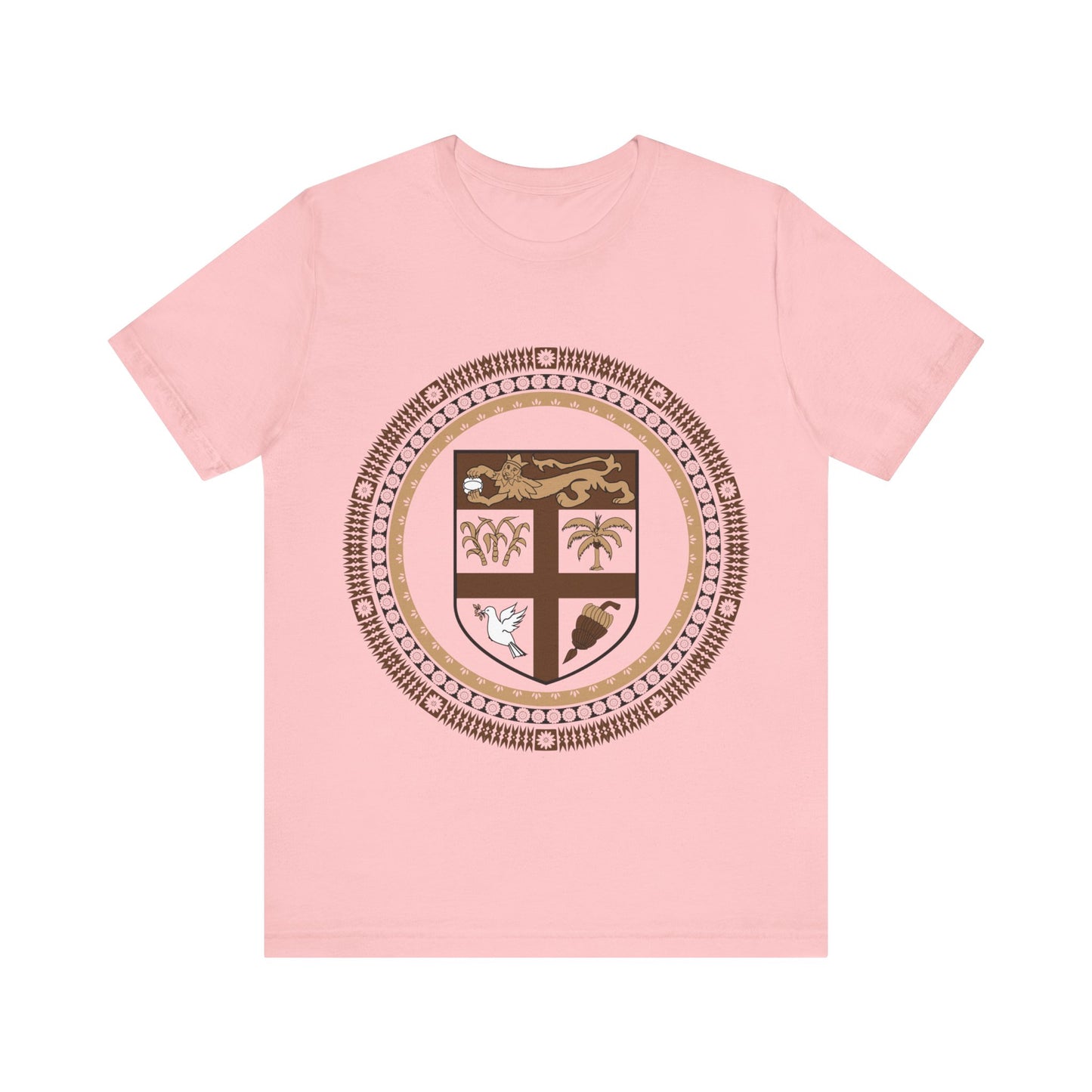 Unisex Custom Fiji T-Shirt/Fiji Coat of Arms (Brown) framed with round Fijian Motifs, available in multiple colors.