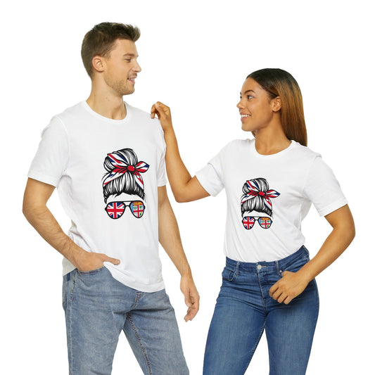 WATCH PARTY FIJI RUGBY Unisex T-Shirts in White and Baby Blue (Messy Bun)