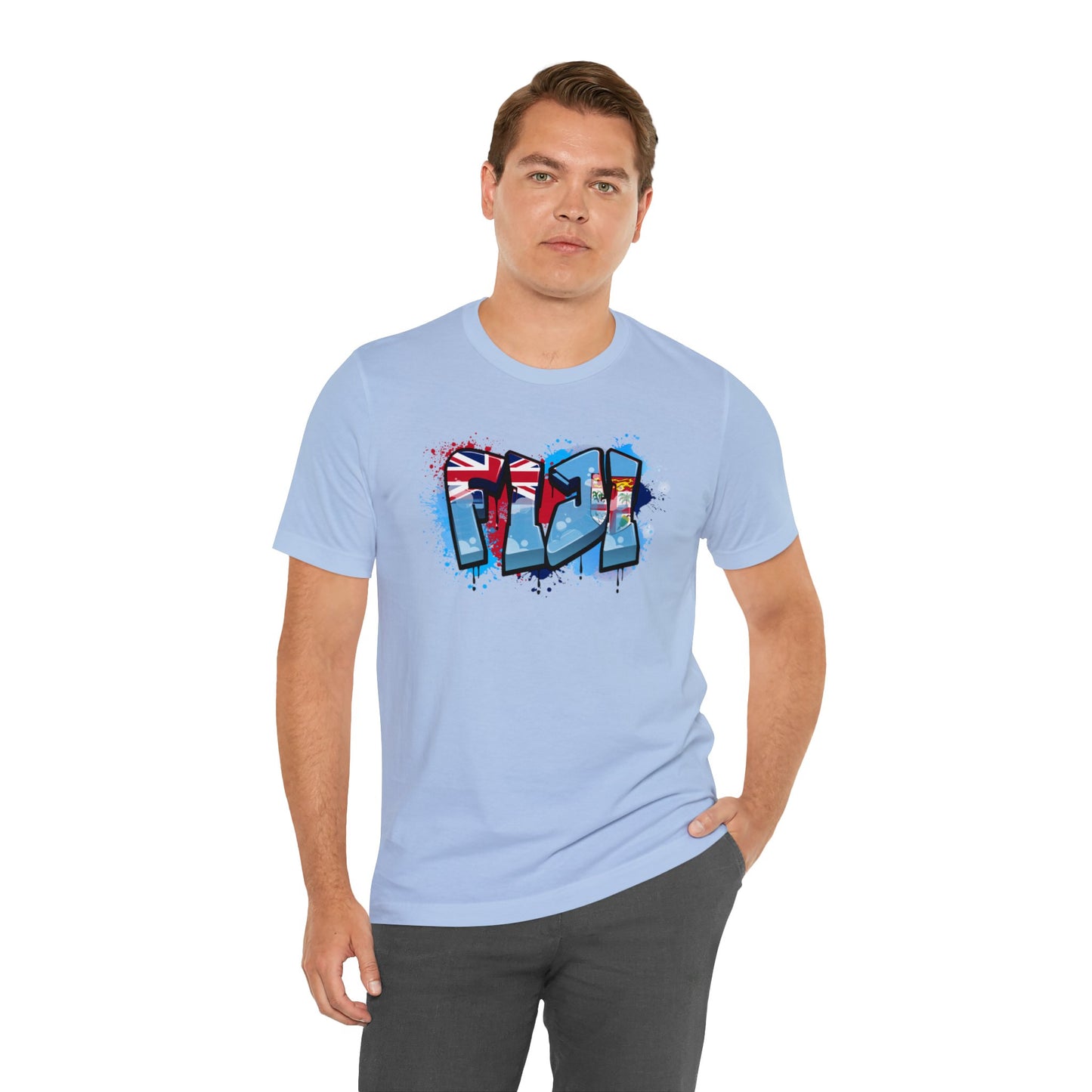 WATCH PARTY FIJI RUGBY Unisex T-Shirts in White and Baby Blue (Fiji Graffiti)