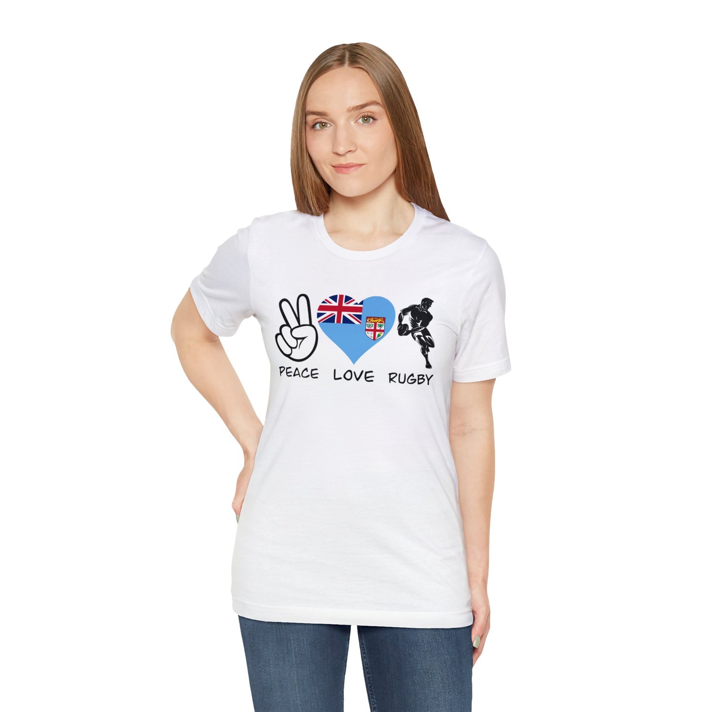 WATCH PARTY FIJI RUGBY Unisex T-Shirts in White and Baby Blue (Peace, Love, Rugby)