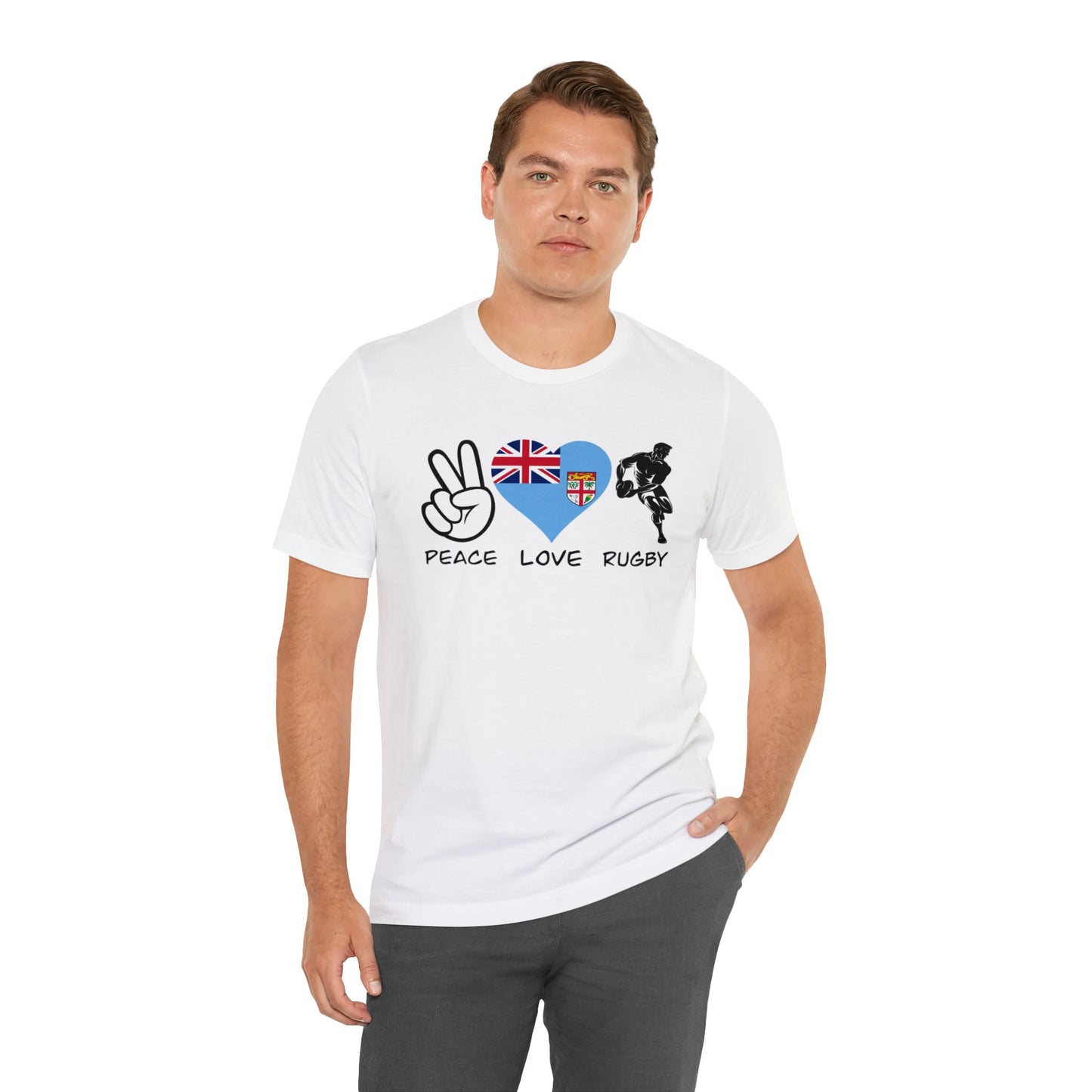 WATCH PARTY FIJI RUGBY Unisex T-Shirts in White and Baby Blue (Peace, Love, Rugby)