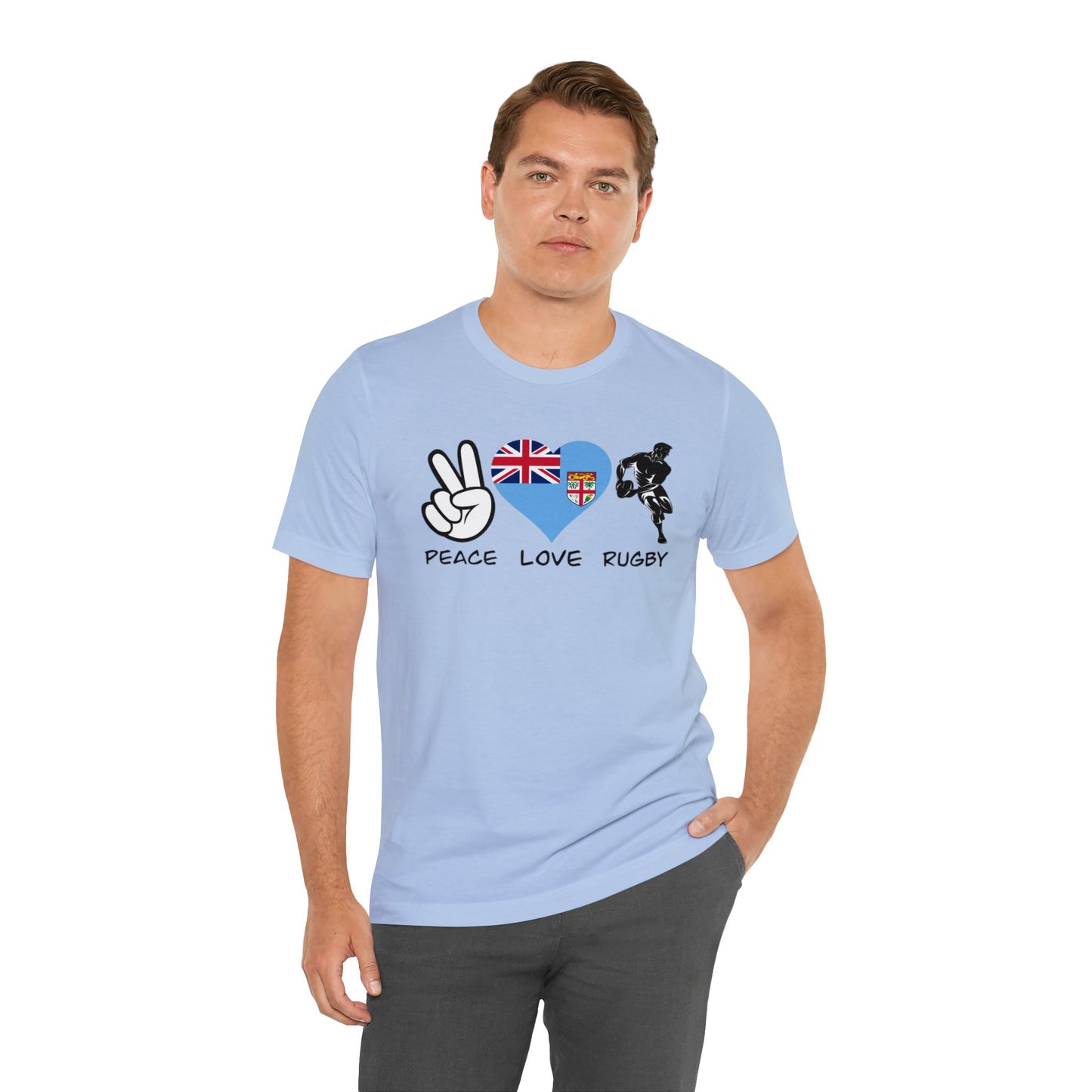 WATCH PARTY FIJI RUGBY Unisex T-Shirts in White and Baby Blue (Peace, Love, Rugby)