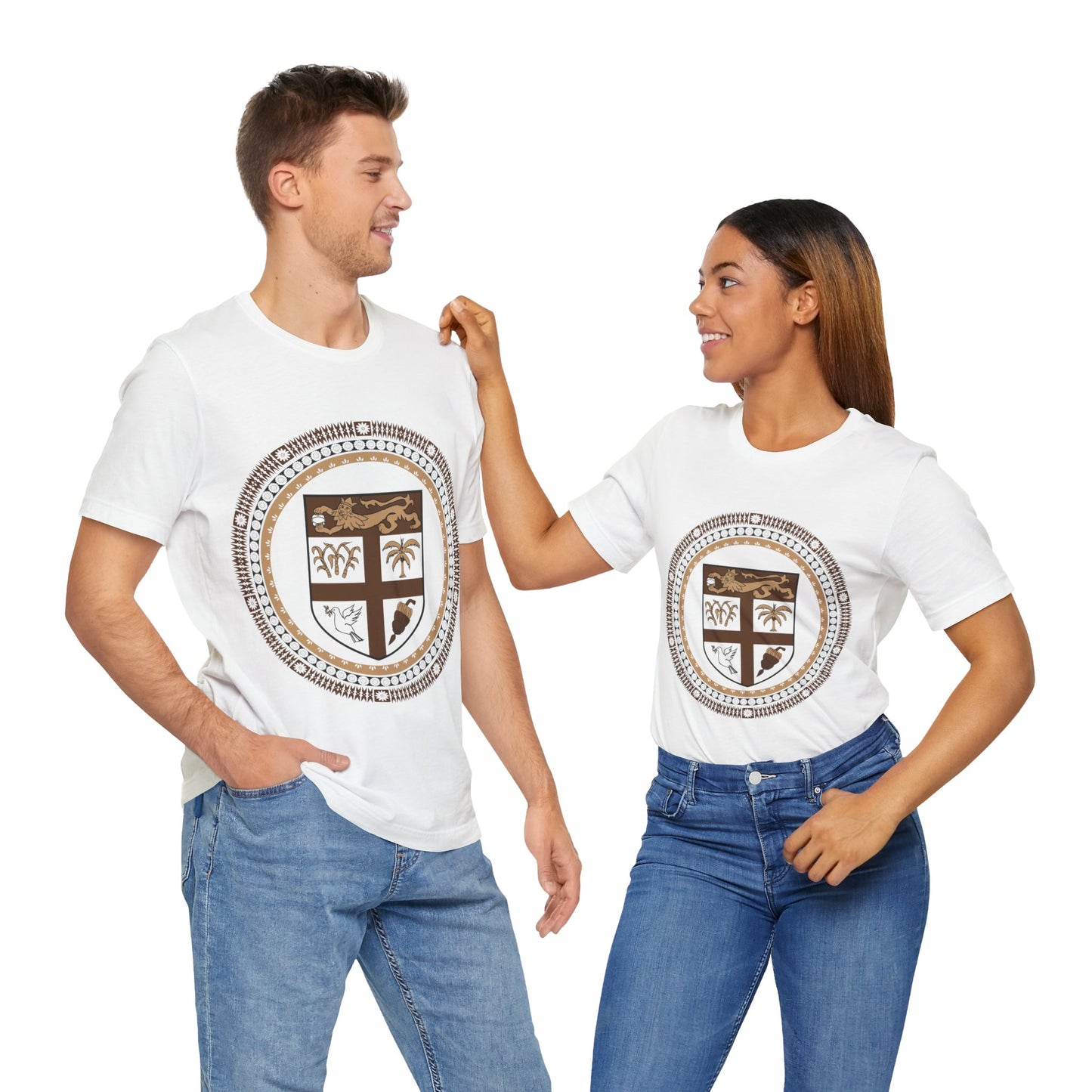 Unisex Custom Fiji T-Shirt/Fiji Coat of Arms (Brown) framed with round Fijian Motifs, available in multiple colors.