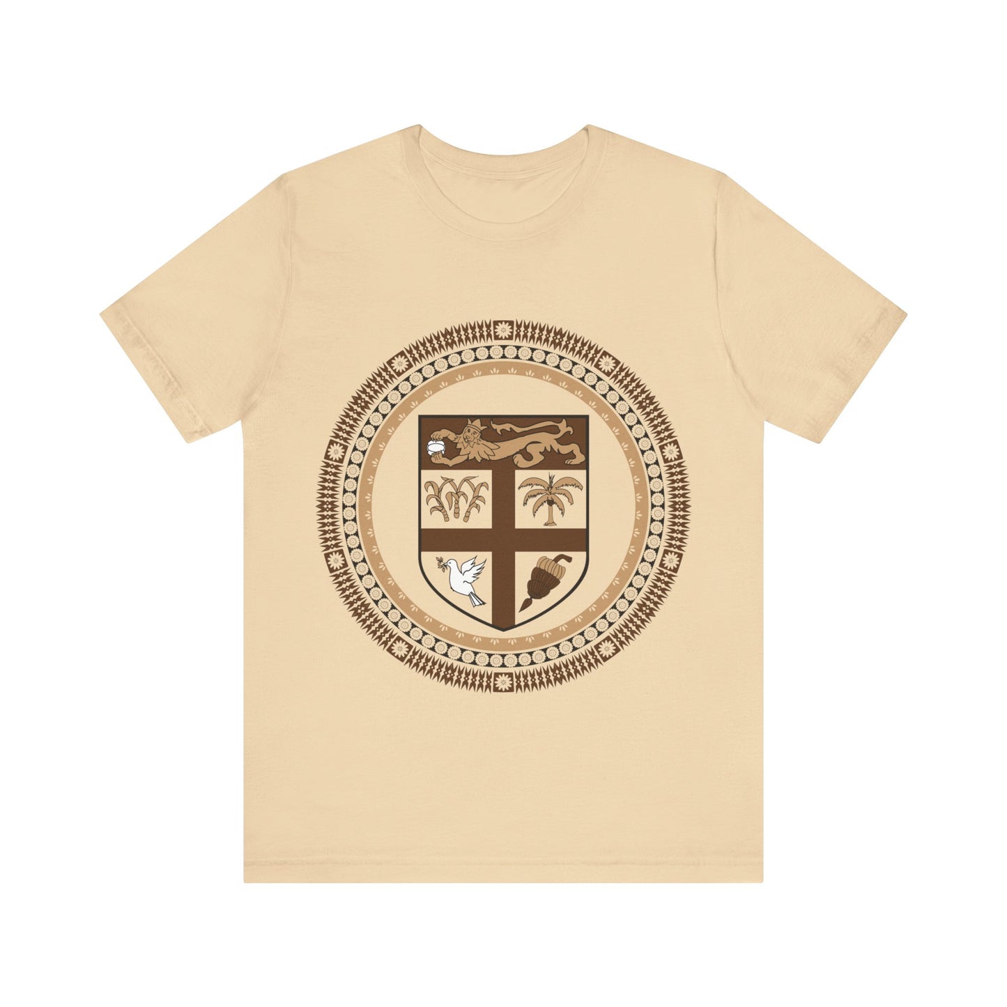 Unisex Custom Fiji T-Shirt/Fiji Coat of Arms (Brown) framed with round Fijian Motifs, available in multiple colors.