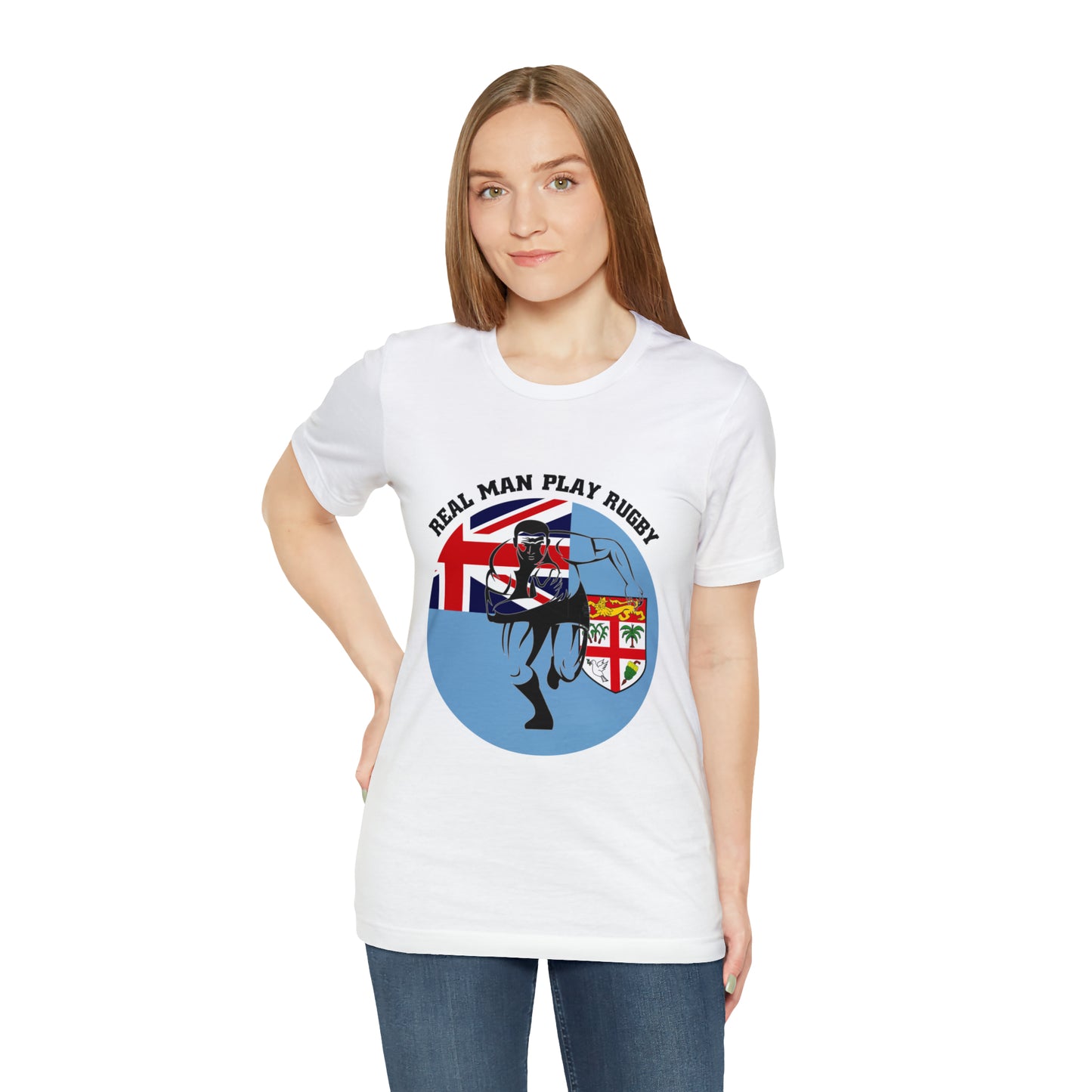 WATCH PARTY FIJI RUGBY Unisex T-Shirts in White and Baby Blue (Real Man)