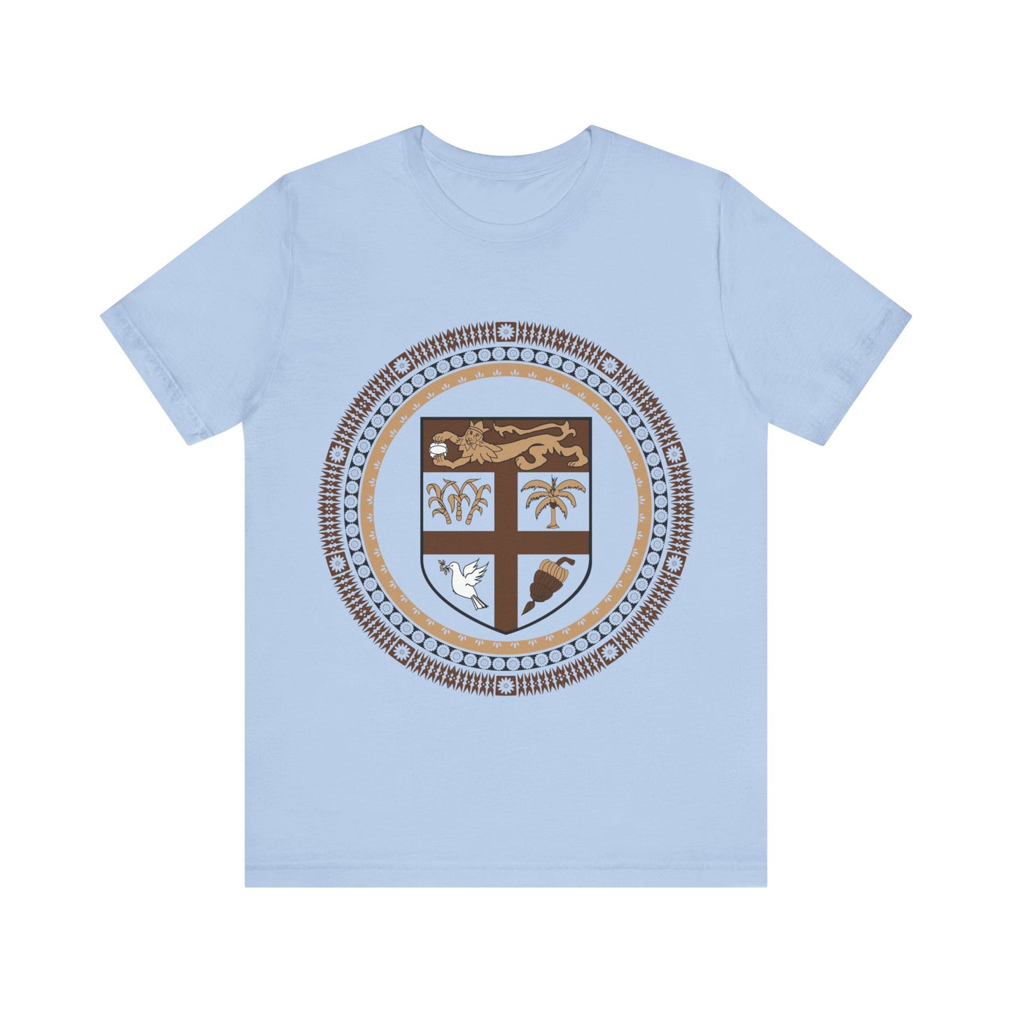 Unisex Custom Fiji T-Shirt/Fiji Coat of Arms (Brown) framed with round Fijian Motifs, available in multiple colors.