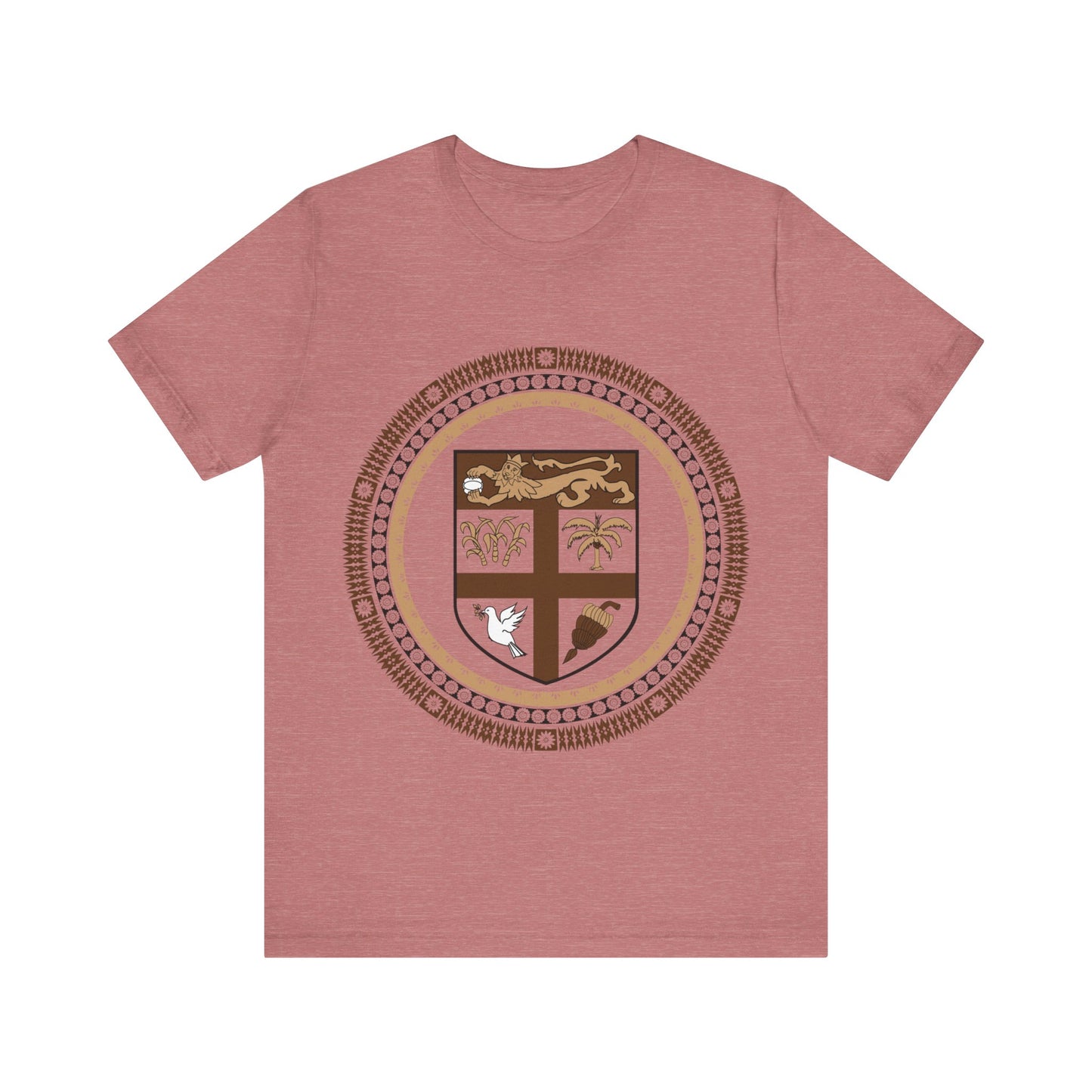 Unisex Custom Fiji T-Shirt/Fiji Coat of Arms (Brown) framed with round Fijian Motifs, available in multiple colors.