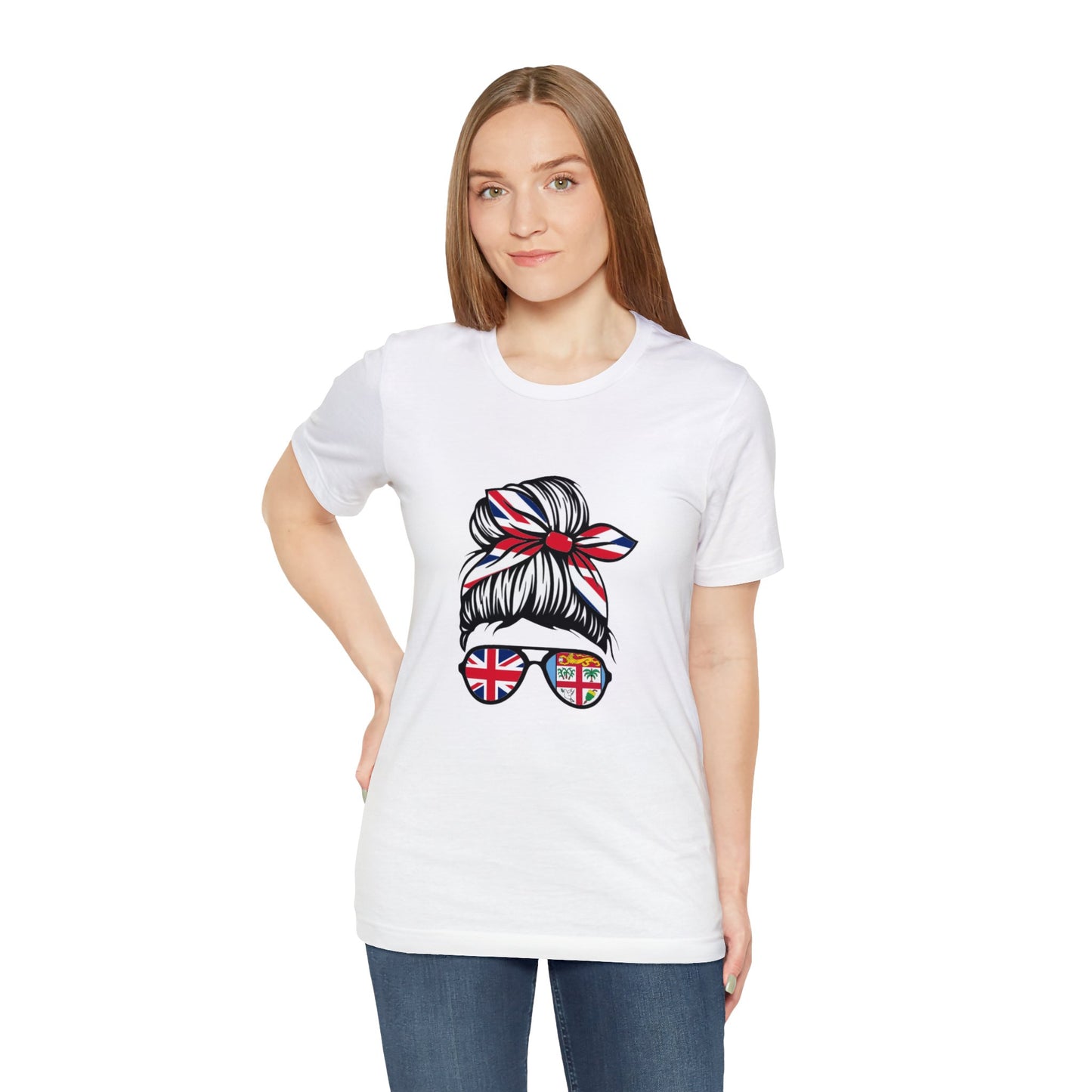 WATCH PARTY FIJI RUGBY Unisex T-Shirts in White and Baby Blue (Messy Bun)